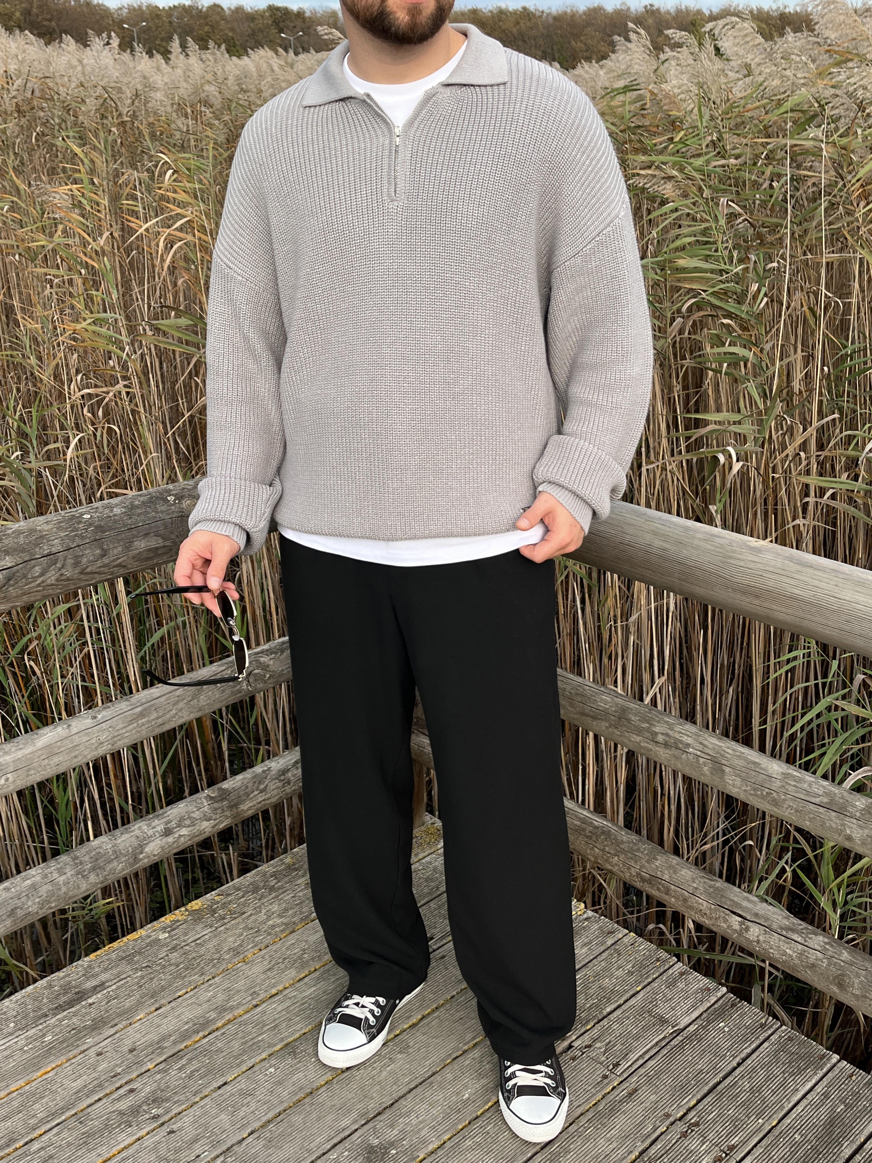 Elite Gri Zip Polo Oversize Örgü Kazak