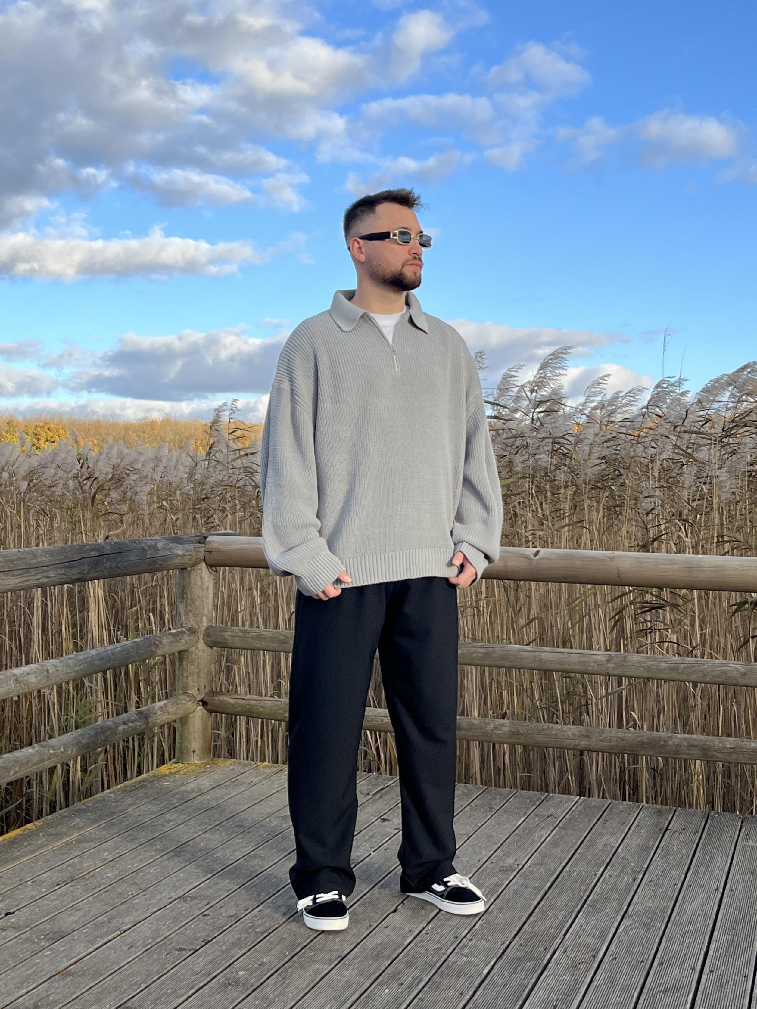 Elite Gri Zip Polo Oversize Örgü Kazak