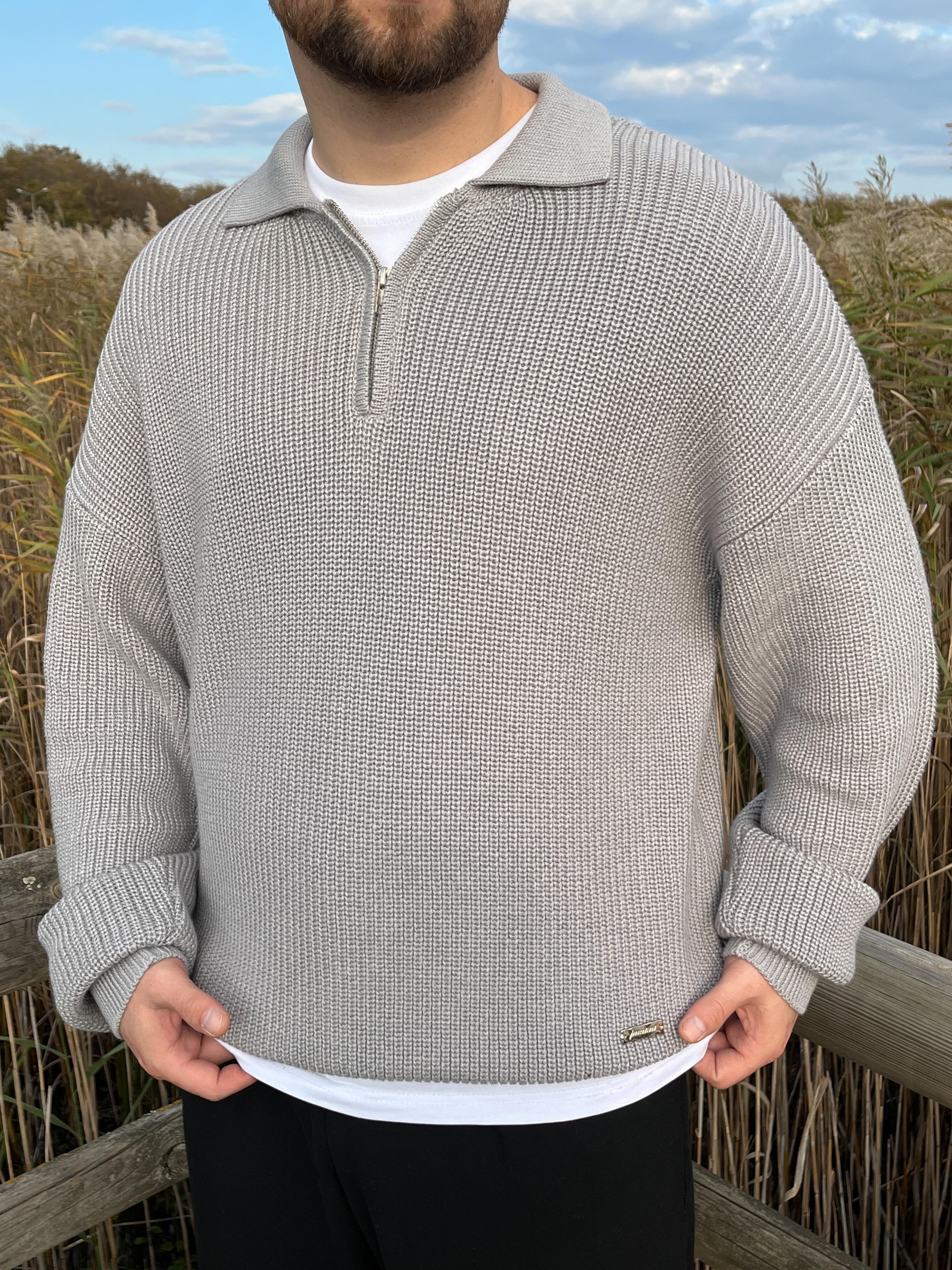 Elite Gri Zip Polo Oversize Örgü Kazak