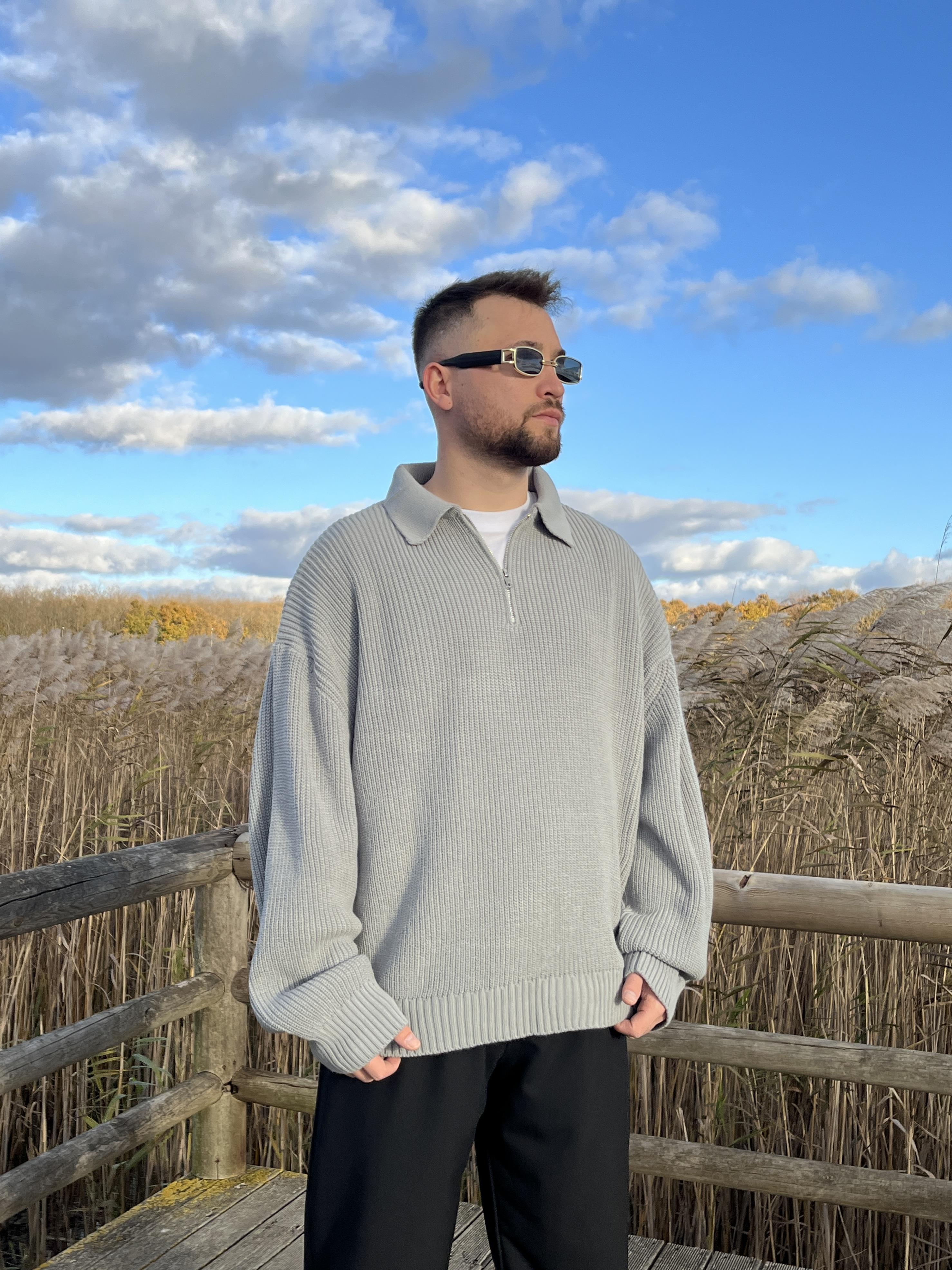 Elite Gri Zip Polo Oversize Örgü Kazak