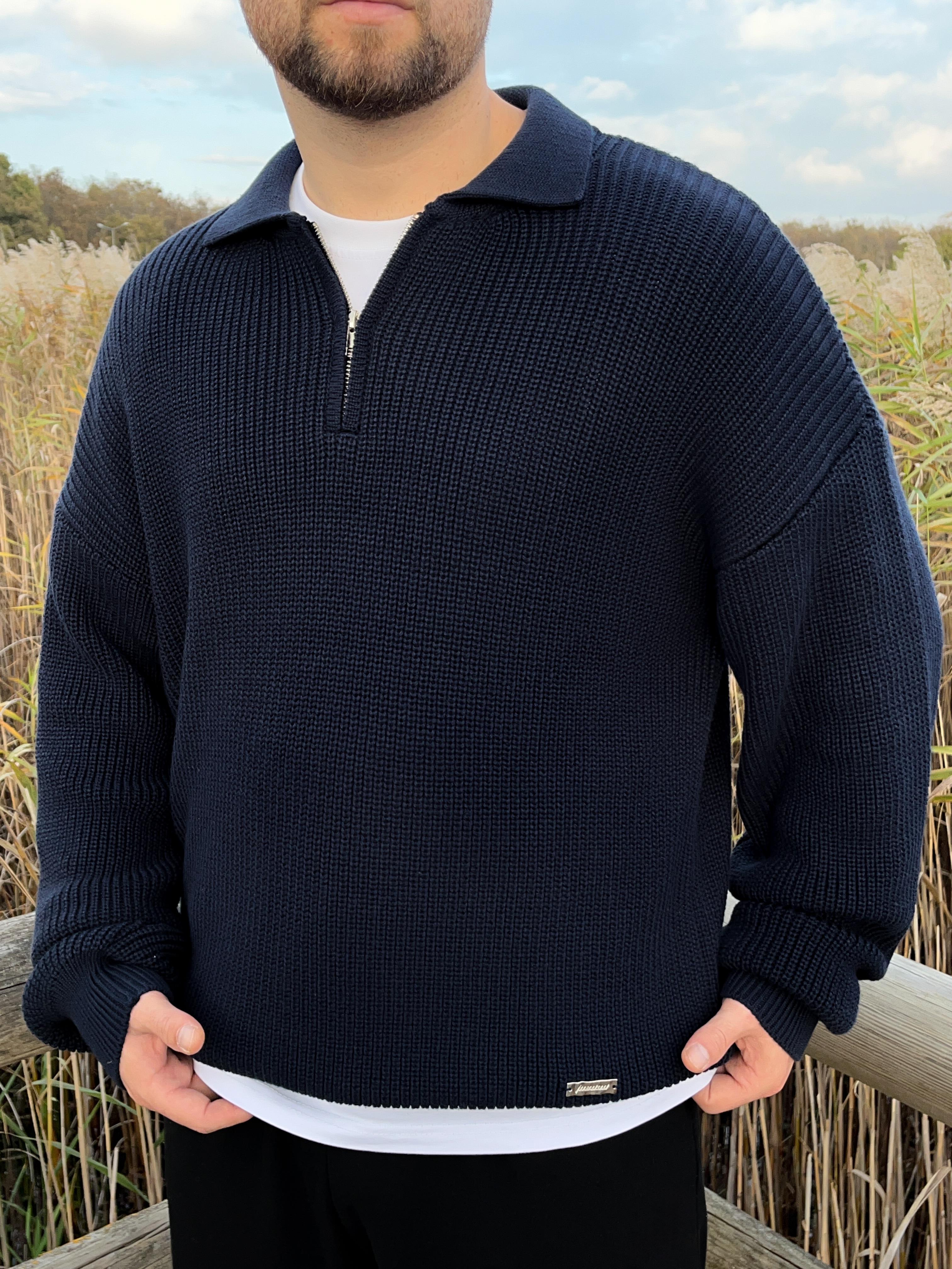 Elite Lacivert Zip Polo Oversize Örgü Kazak