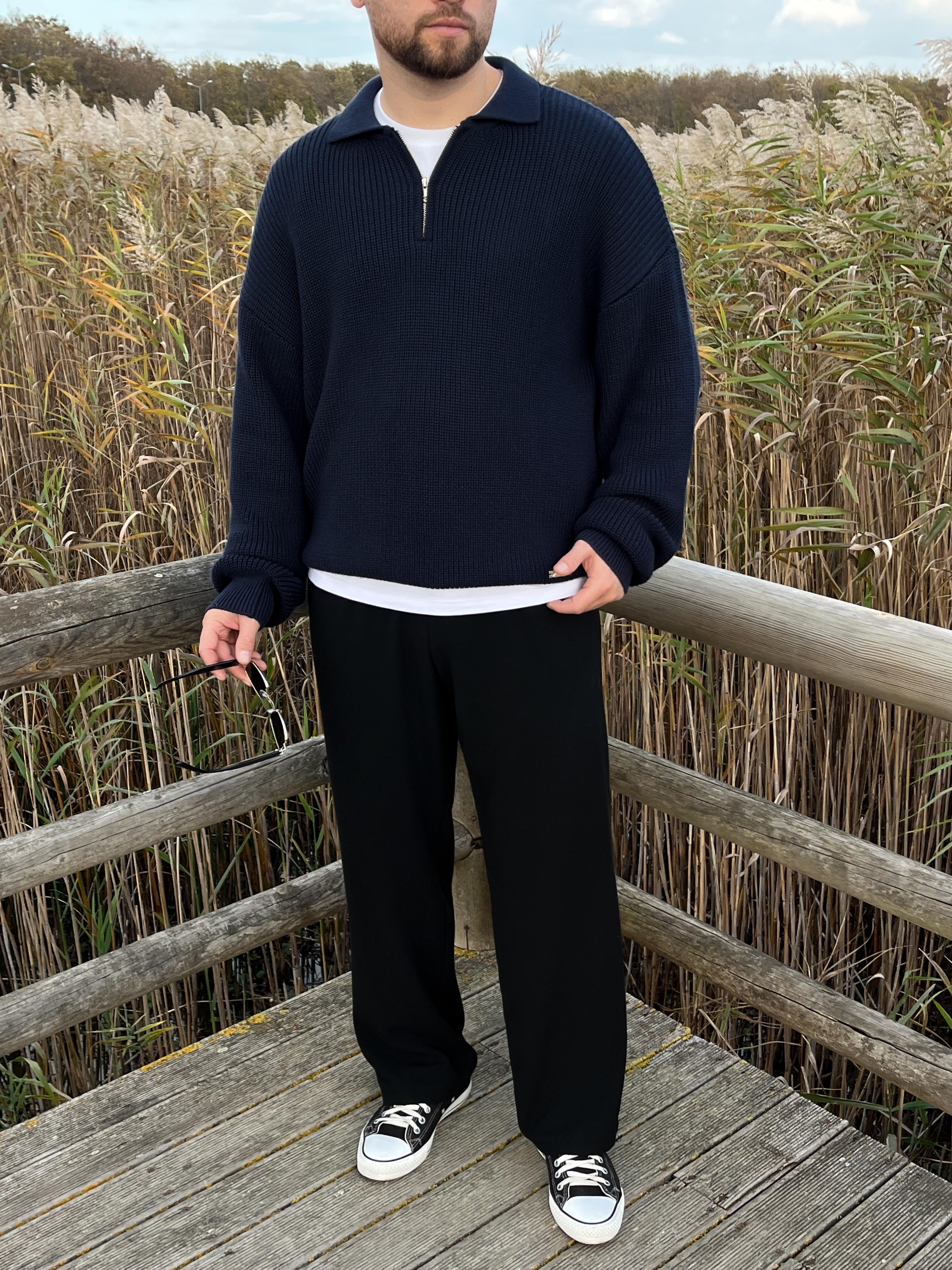 Elite Lacivert Zip Polo Oversize Örgü Kazak