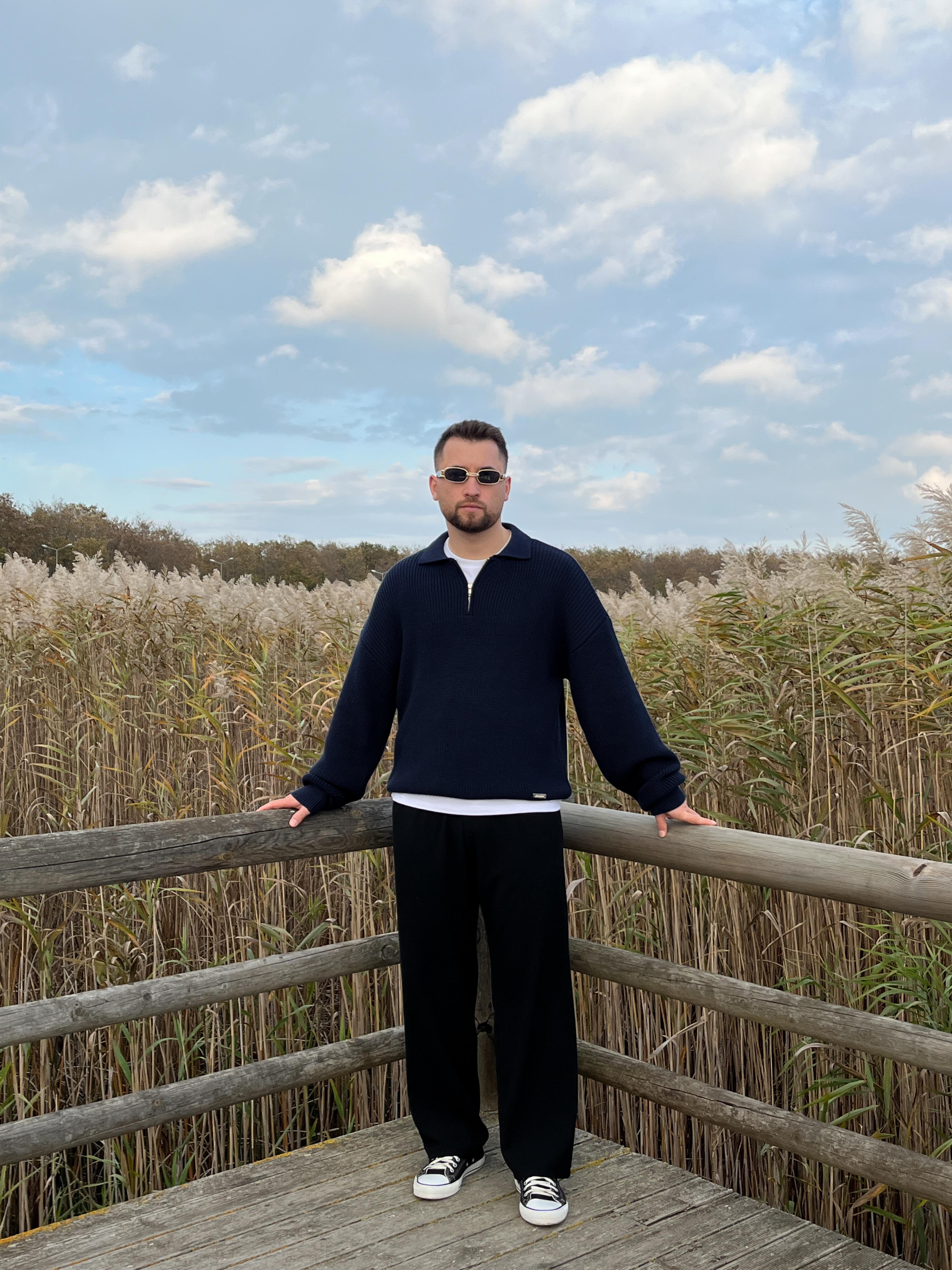 Elite Lacivert Zip Polo Oversize Örgü Kazak