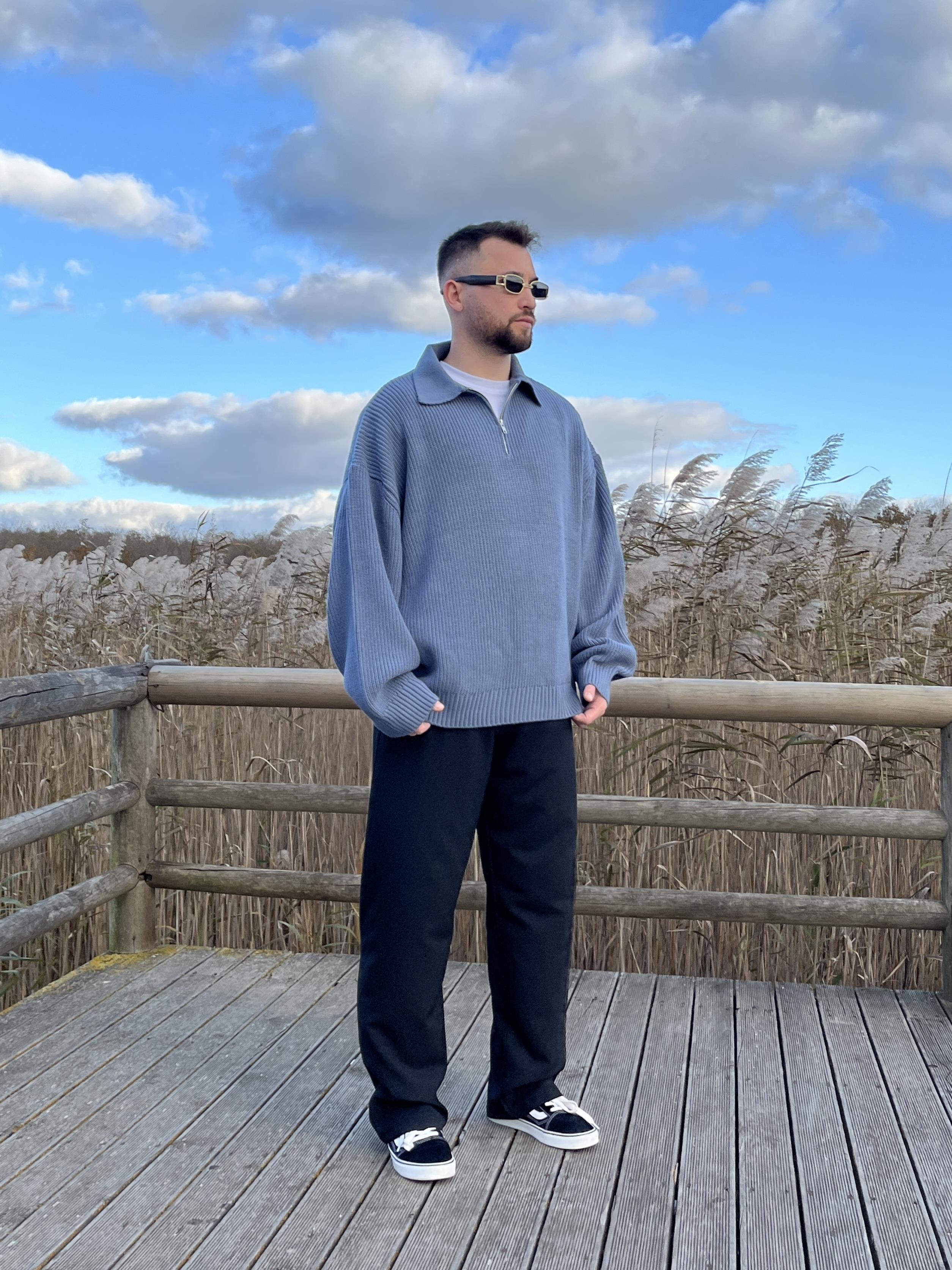 Elite Mavi Zip Polo Oversize Örgü Kazak