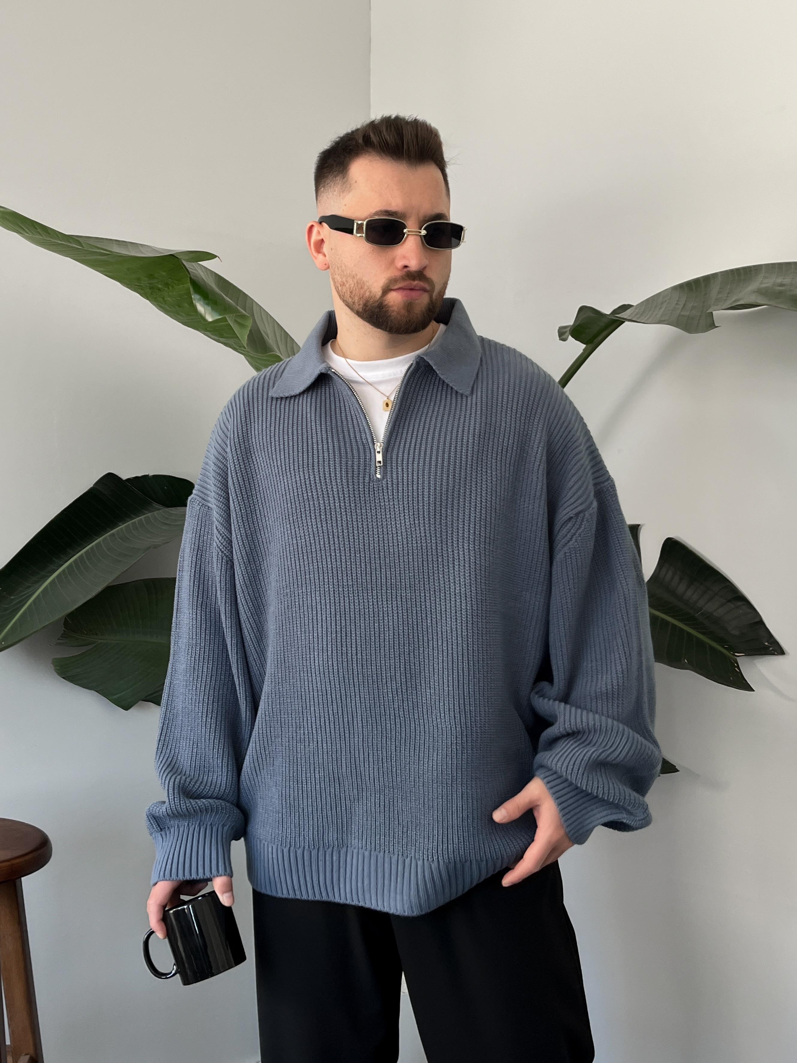 Elite Mavi Zip Polo Oversize Örgü Kazak