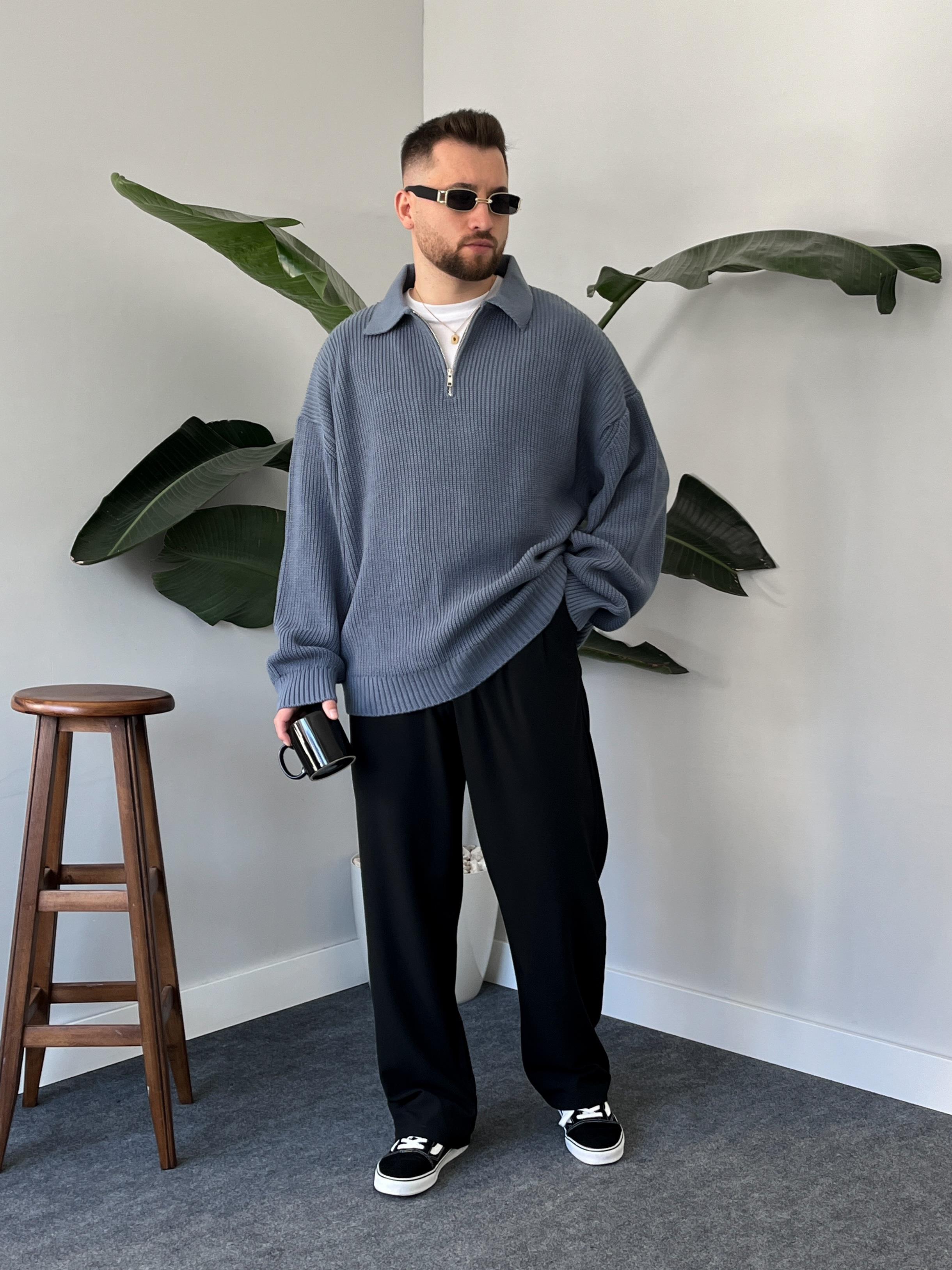 Elite Mavi Zip Polo Oversize Örgü Kazak