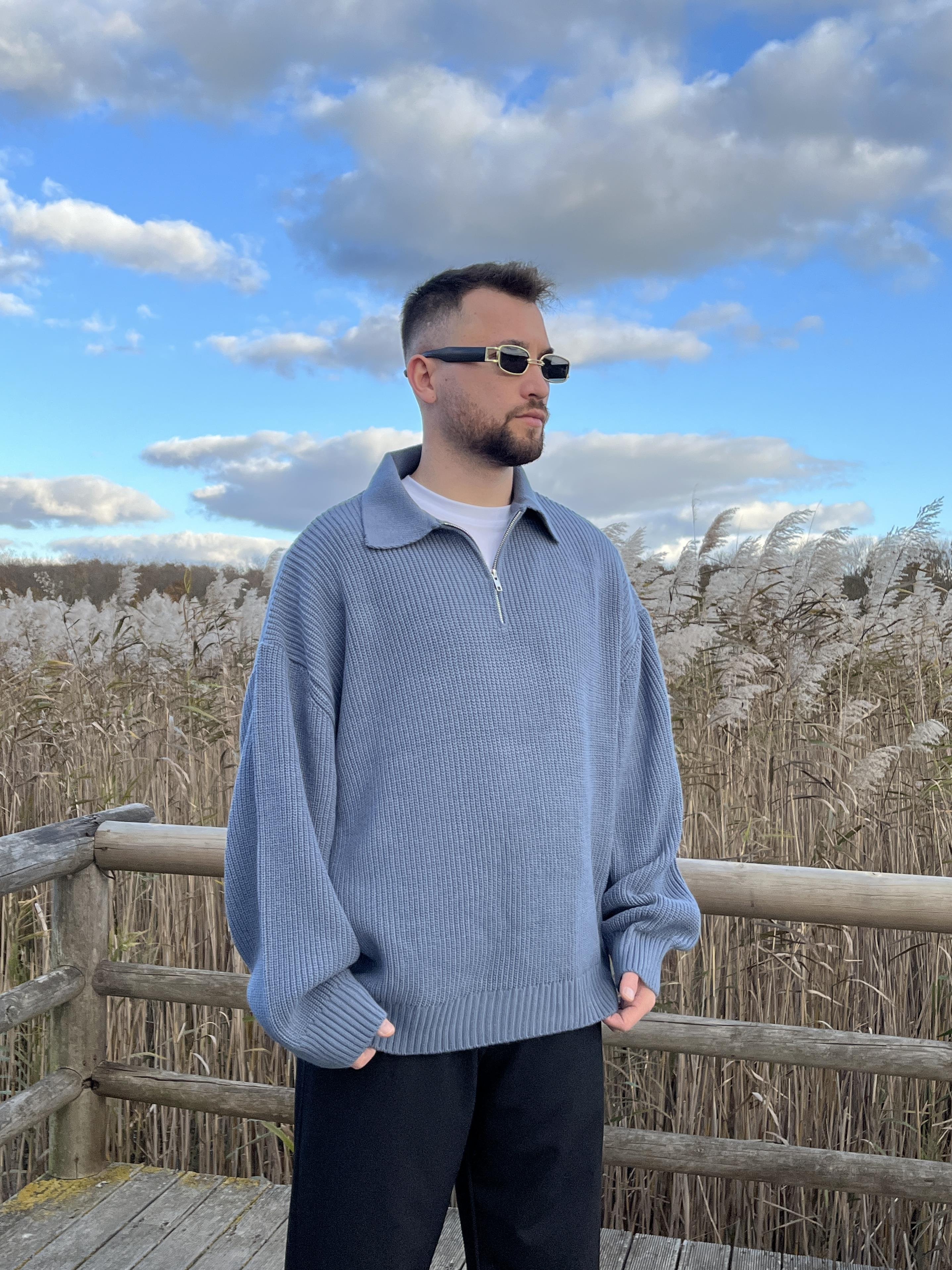 Elite Mavi Zip Polo Oversize Örgü Kazak