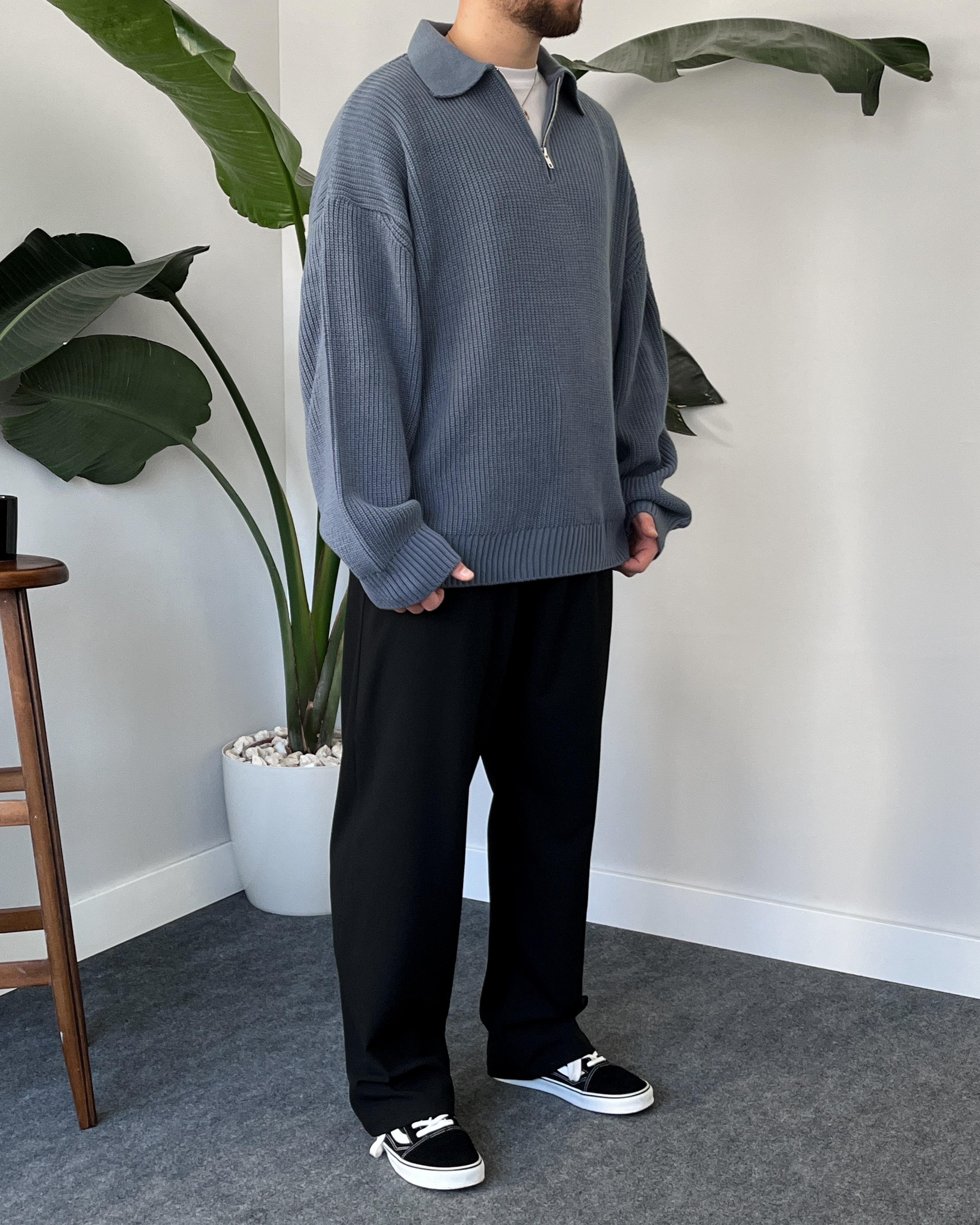 Elite Mavi Zip Polo Oversize Örgü Kazak