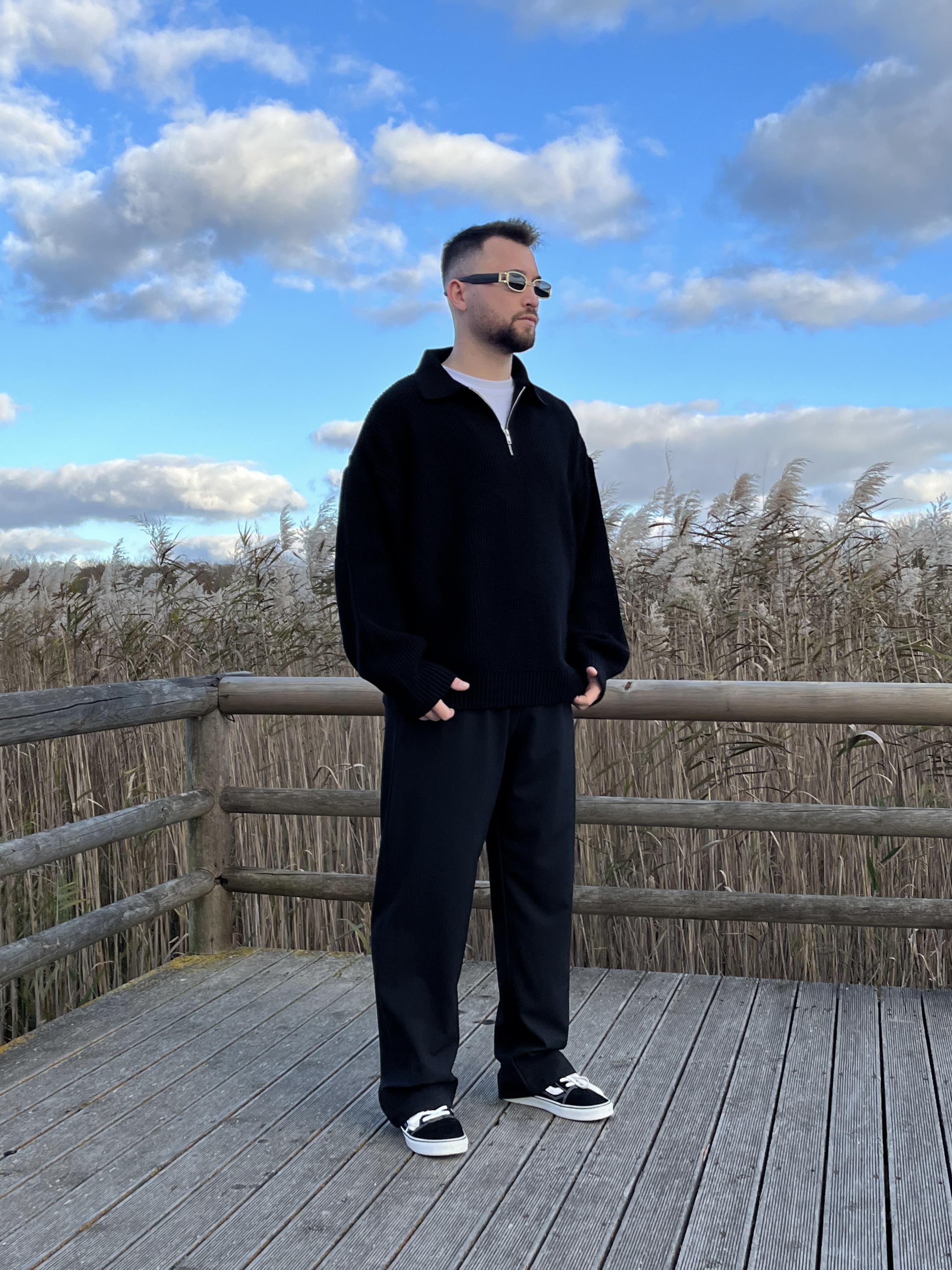 Elite Siyah Zip-Polo Oversize Örgü Kazak