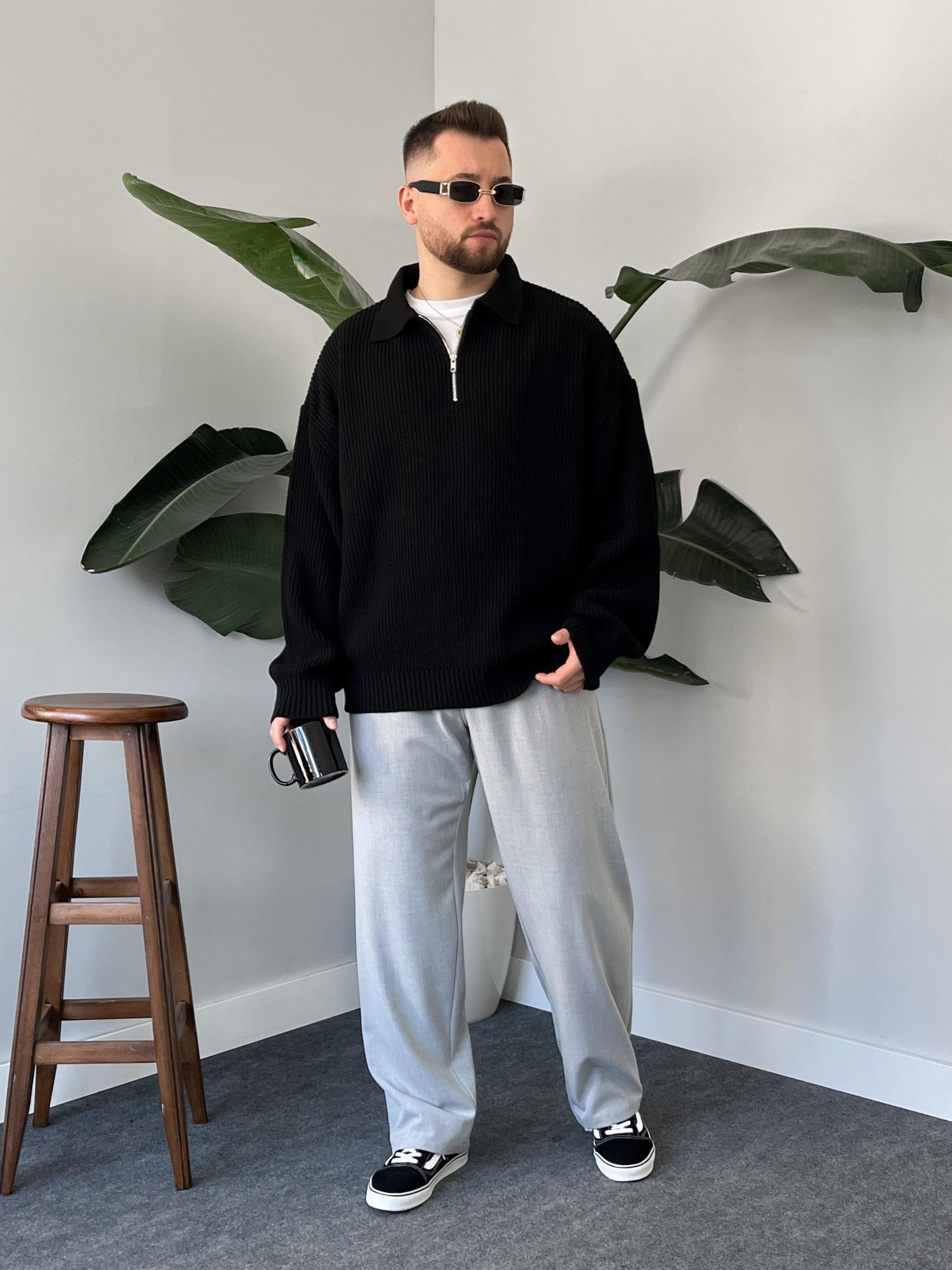 Elite Siyah Zip-Polo Oversize Örgü Kazak