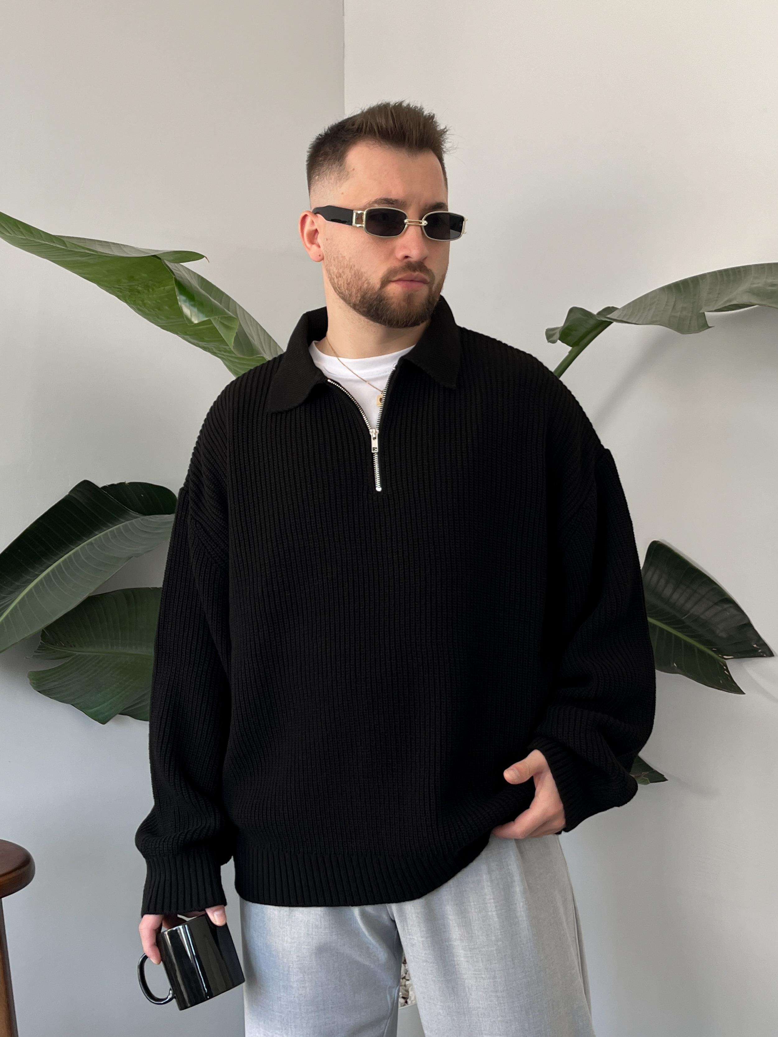 Elite Siyah Zip-Polo Oversize Örgü Kazak