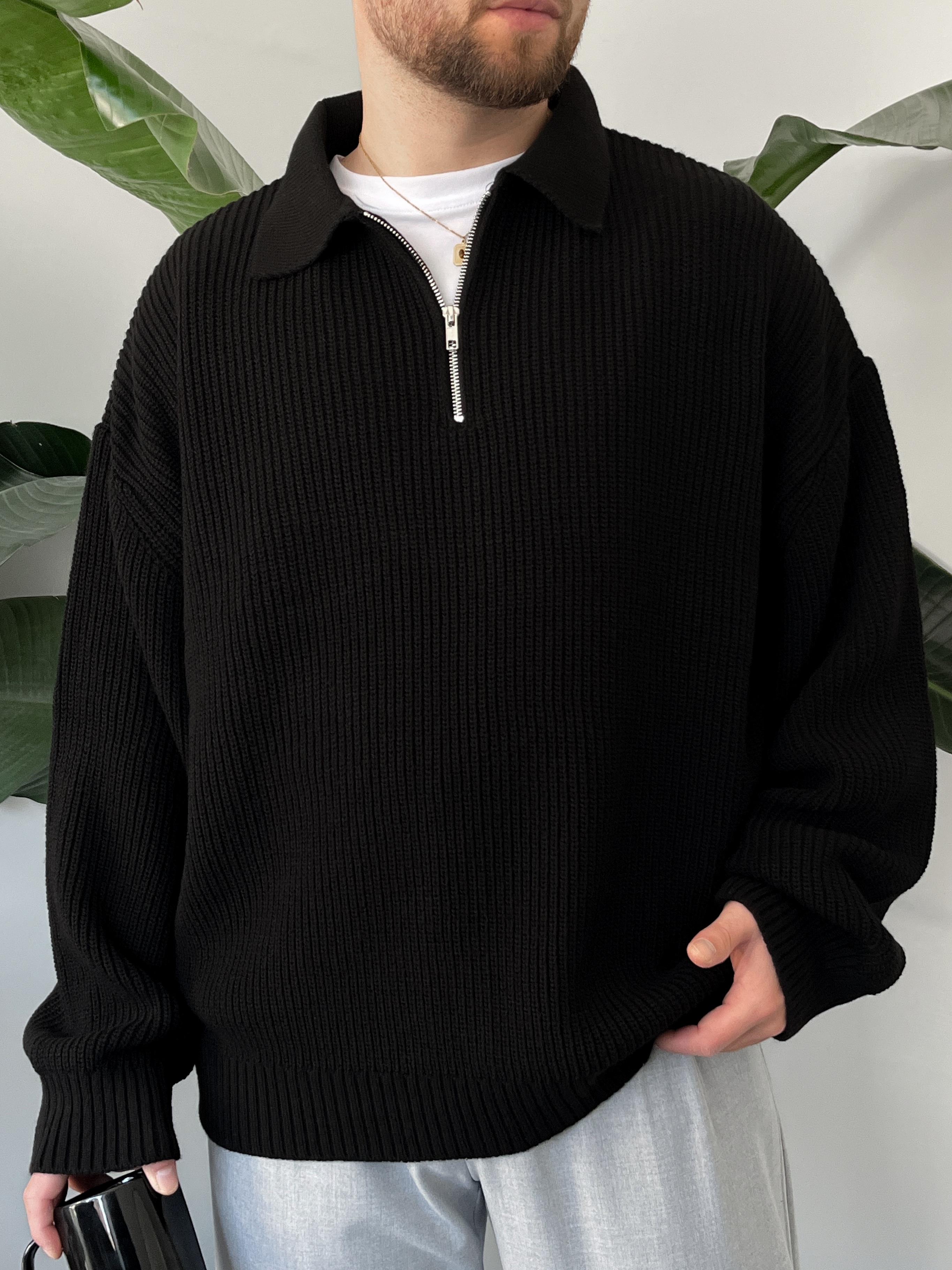 Elite Siyah Zip-Polo Oversize Örgü Kazak
