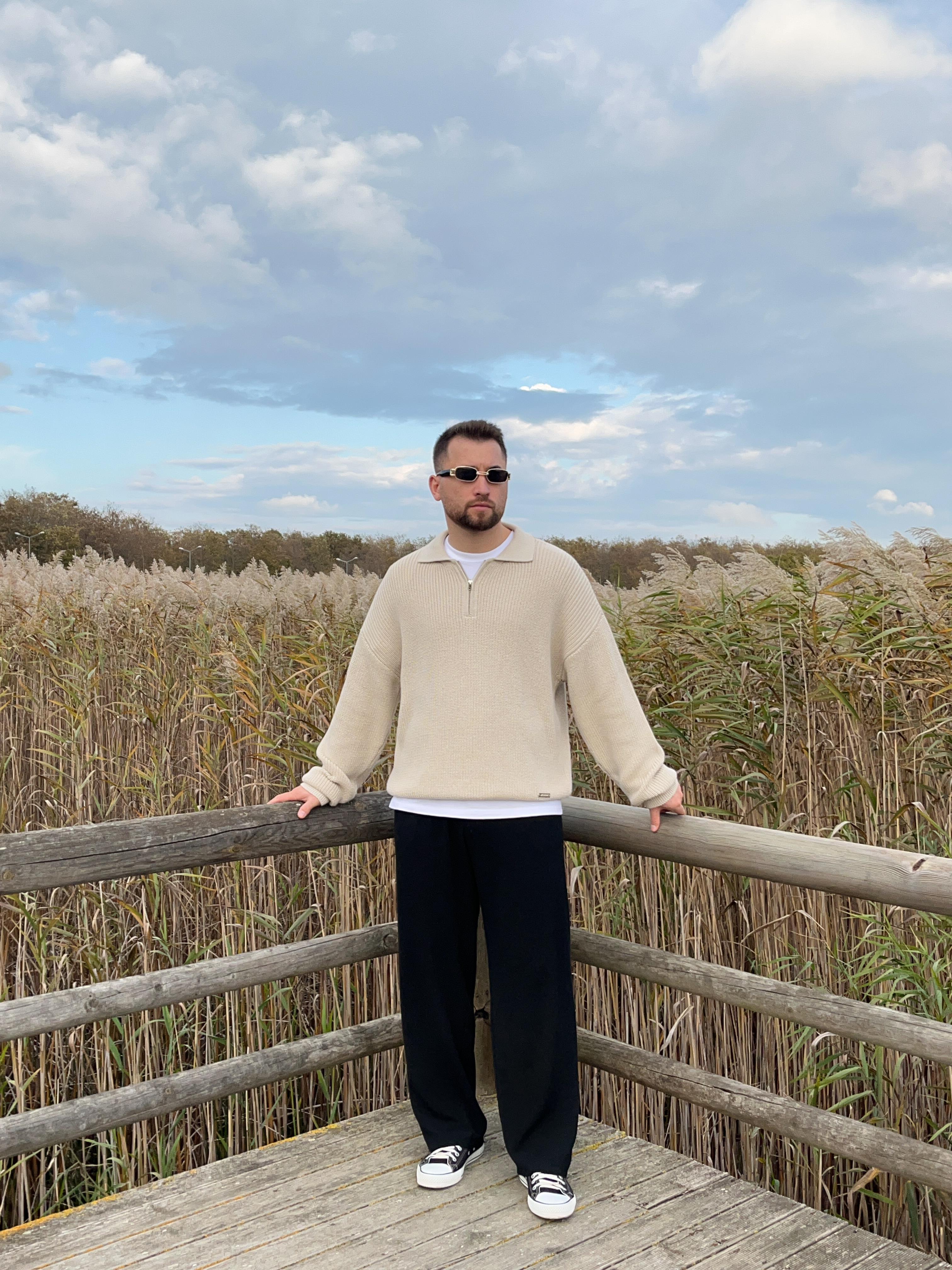 Elite Taş Zip Polo Oversize Örgü Kazak