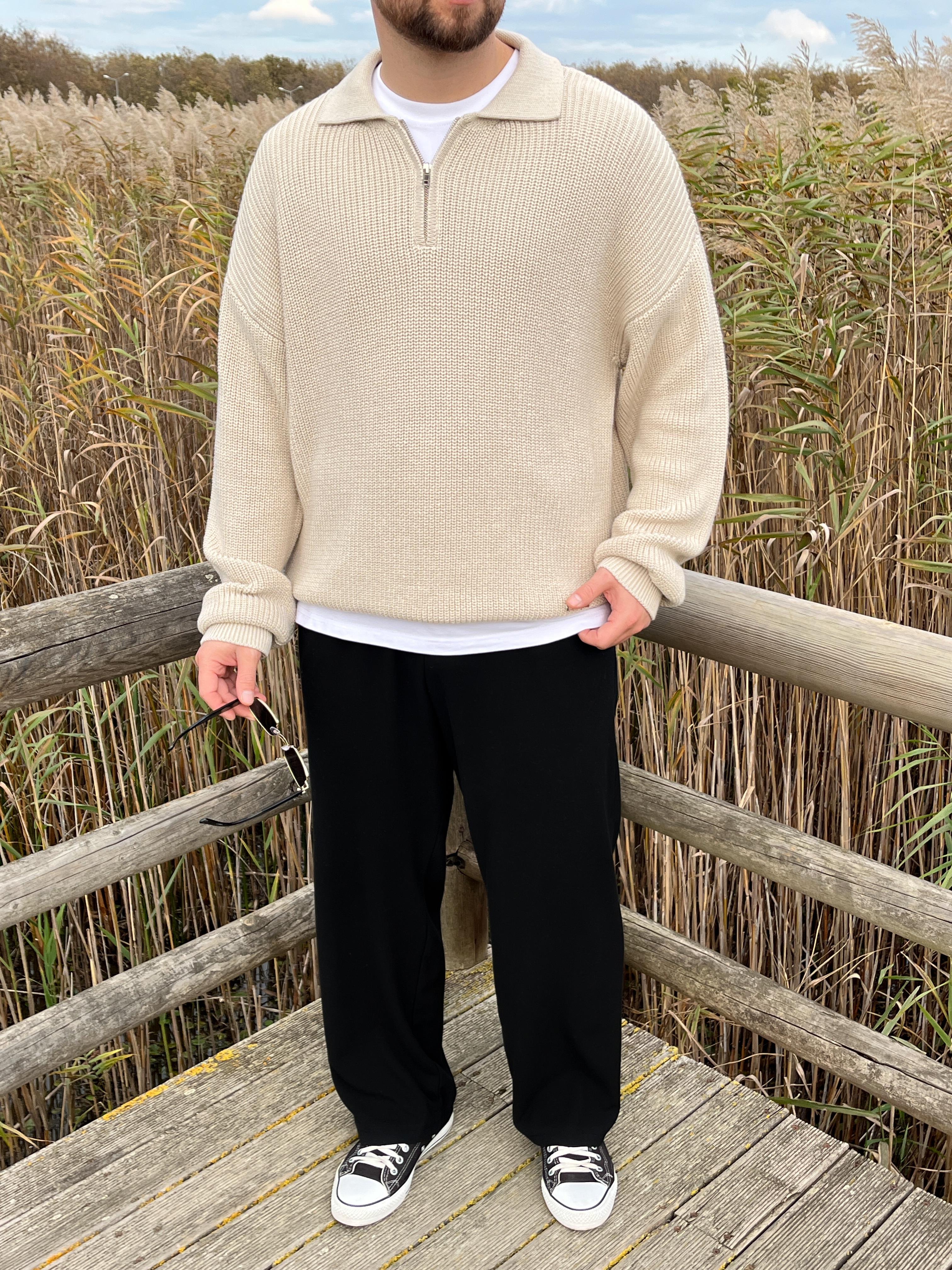 Elite Taş Zip Polo Oversize Örgü Kazak