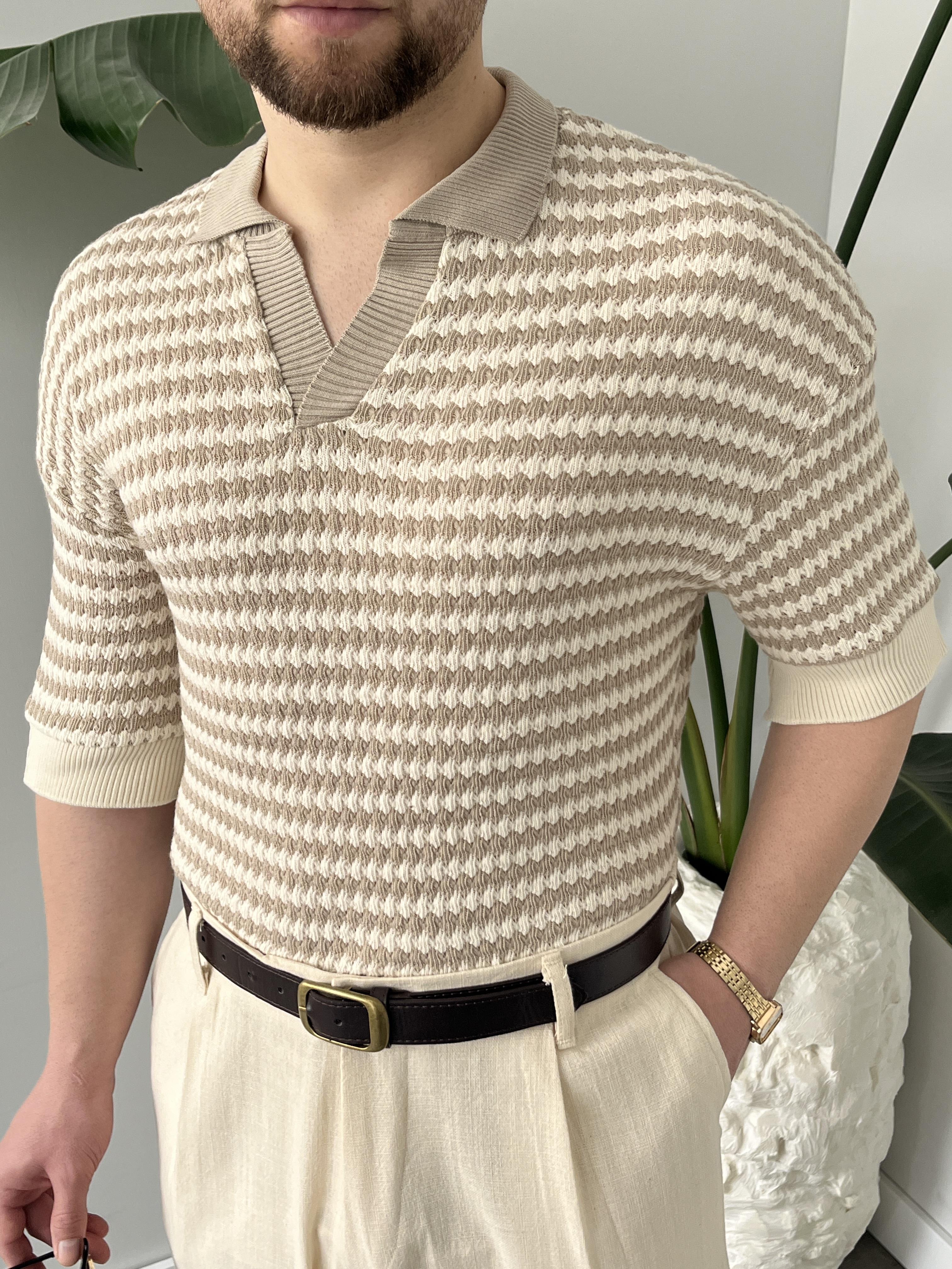 Fioro Bej Diagonel Desen Oversize Örme Polo Yaka T-shirt