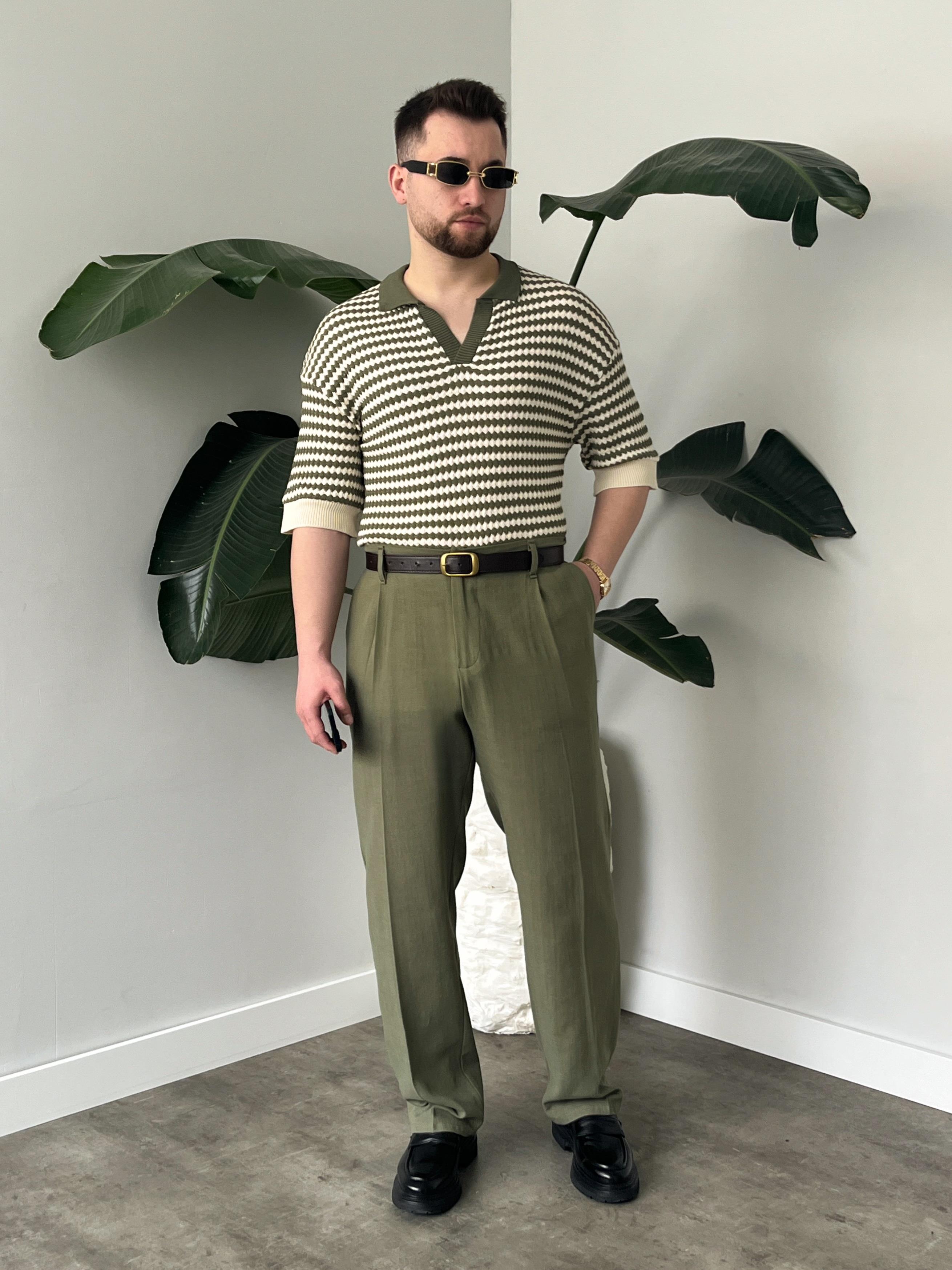 Fioro Haki Diagonel Desen Oversize Örme Polo Yaka T-shirt