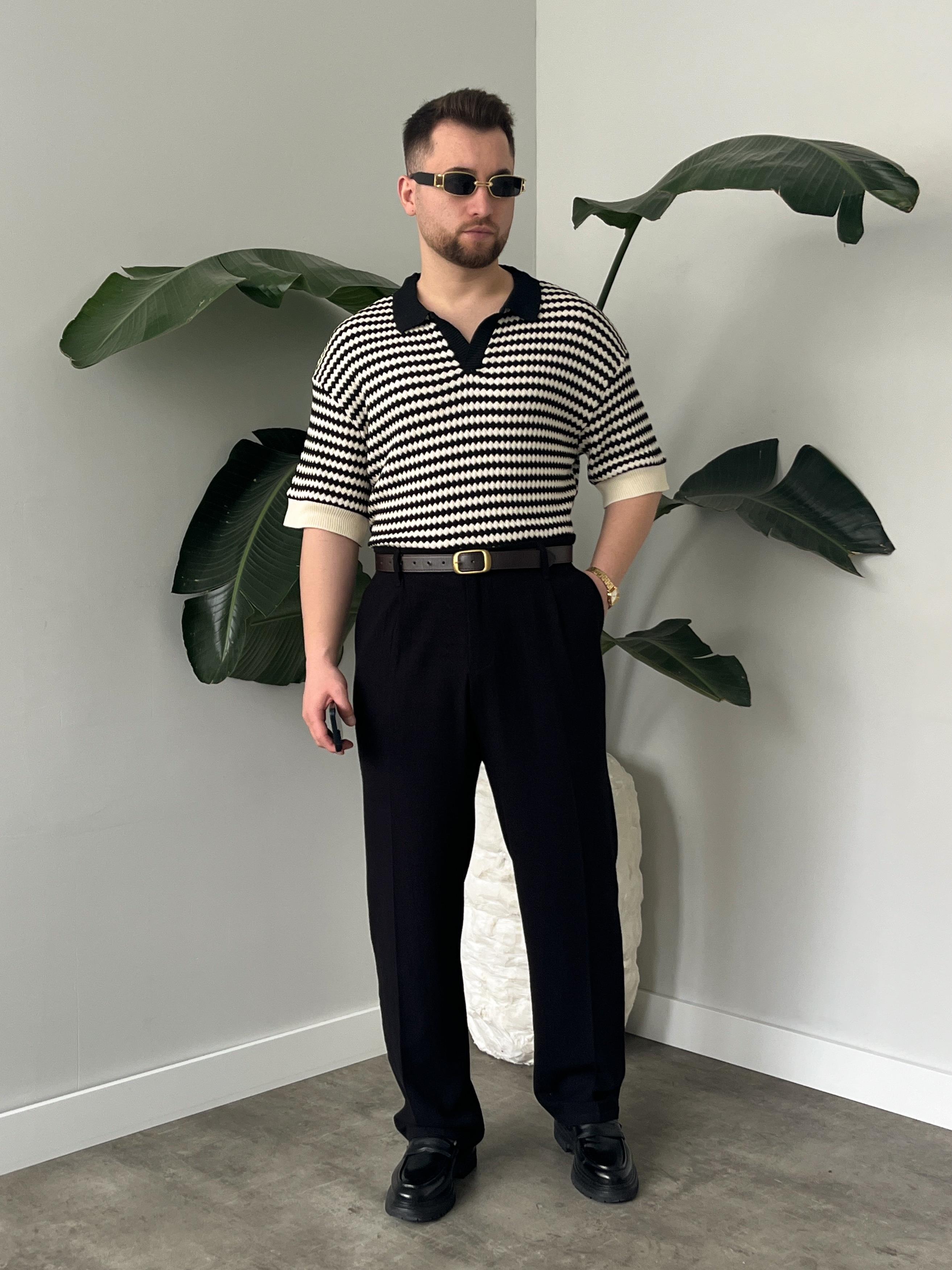 Fioro Siyah Diagonel Desen Oversize Örme Polo Yaka T-shirt