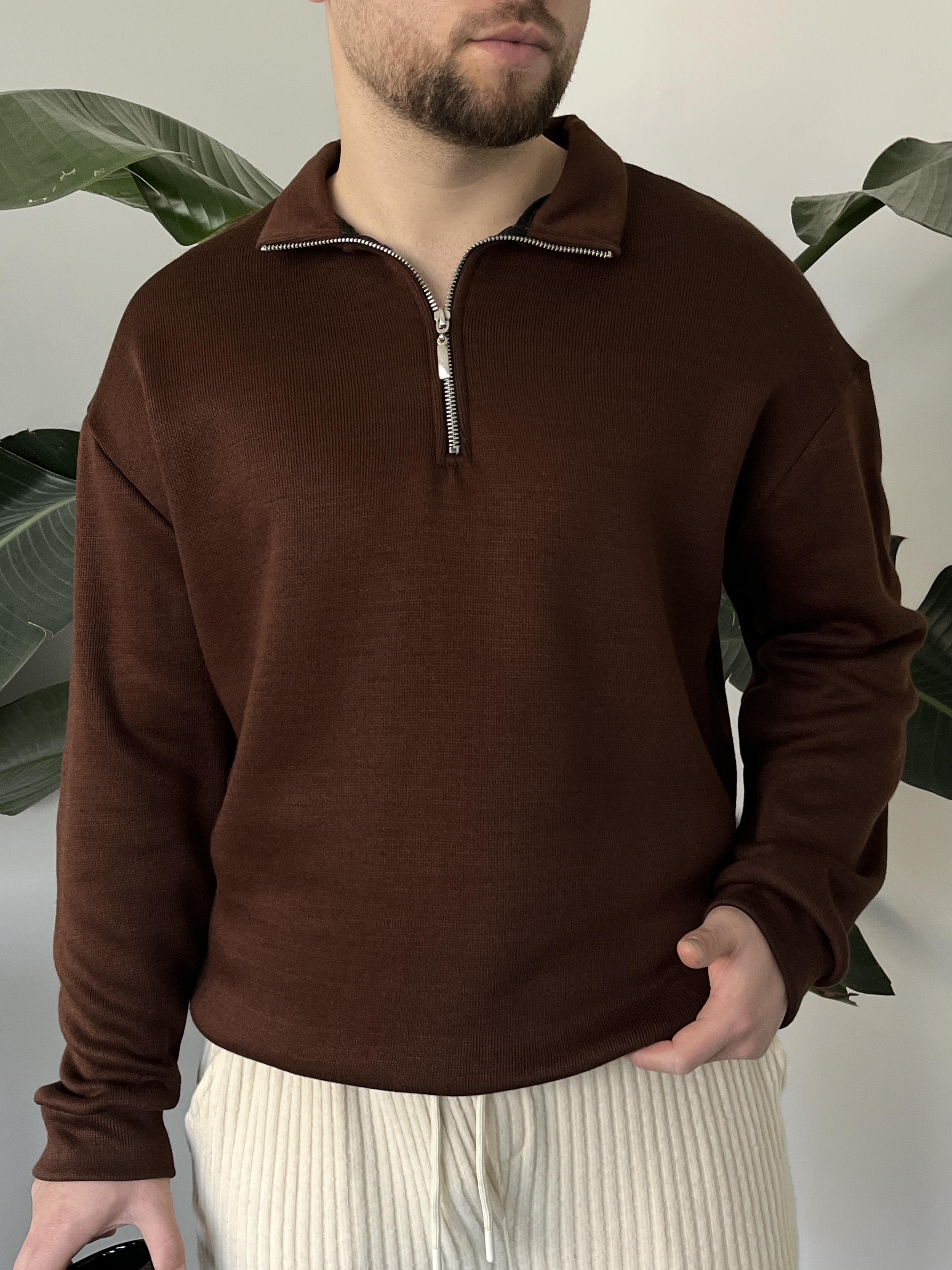 Flexzip Kahverengi Polo Fermuar Yaka Triko Kazak