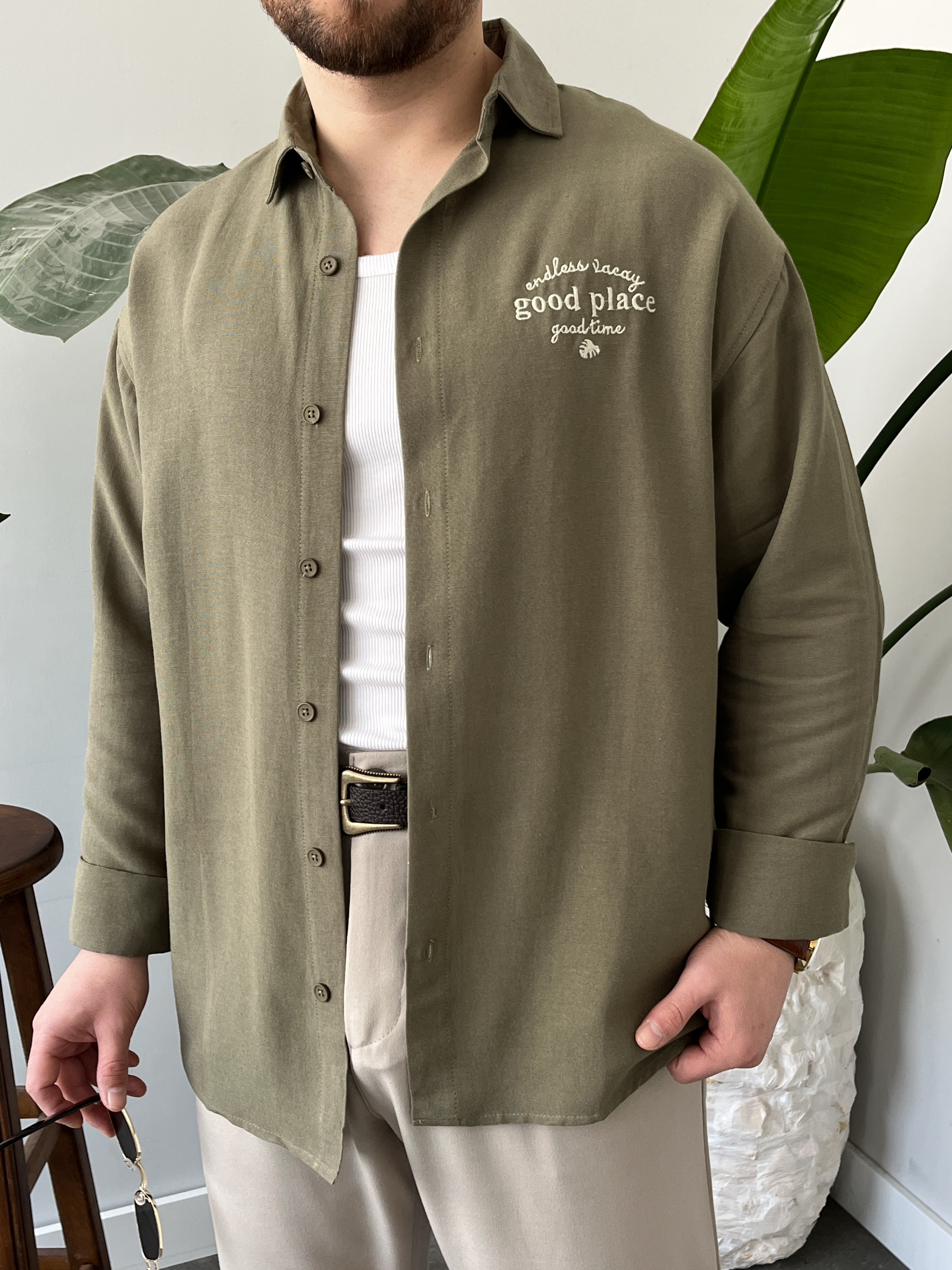 Good Place Nakışlı Çağla Keten Oversize Gömlek