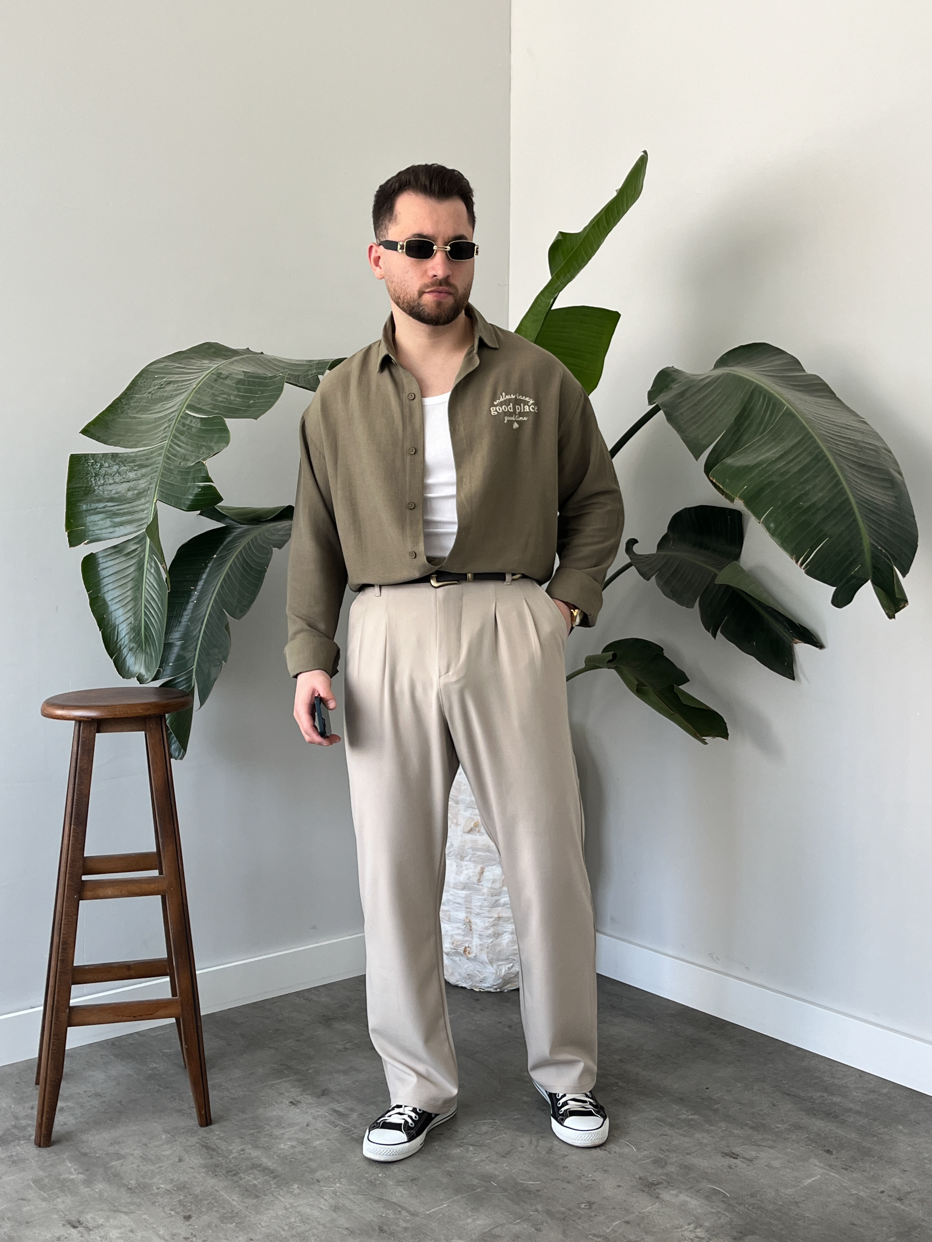 Good Place Nakışlı Çağla Keten Oversize Gömlek