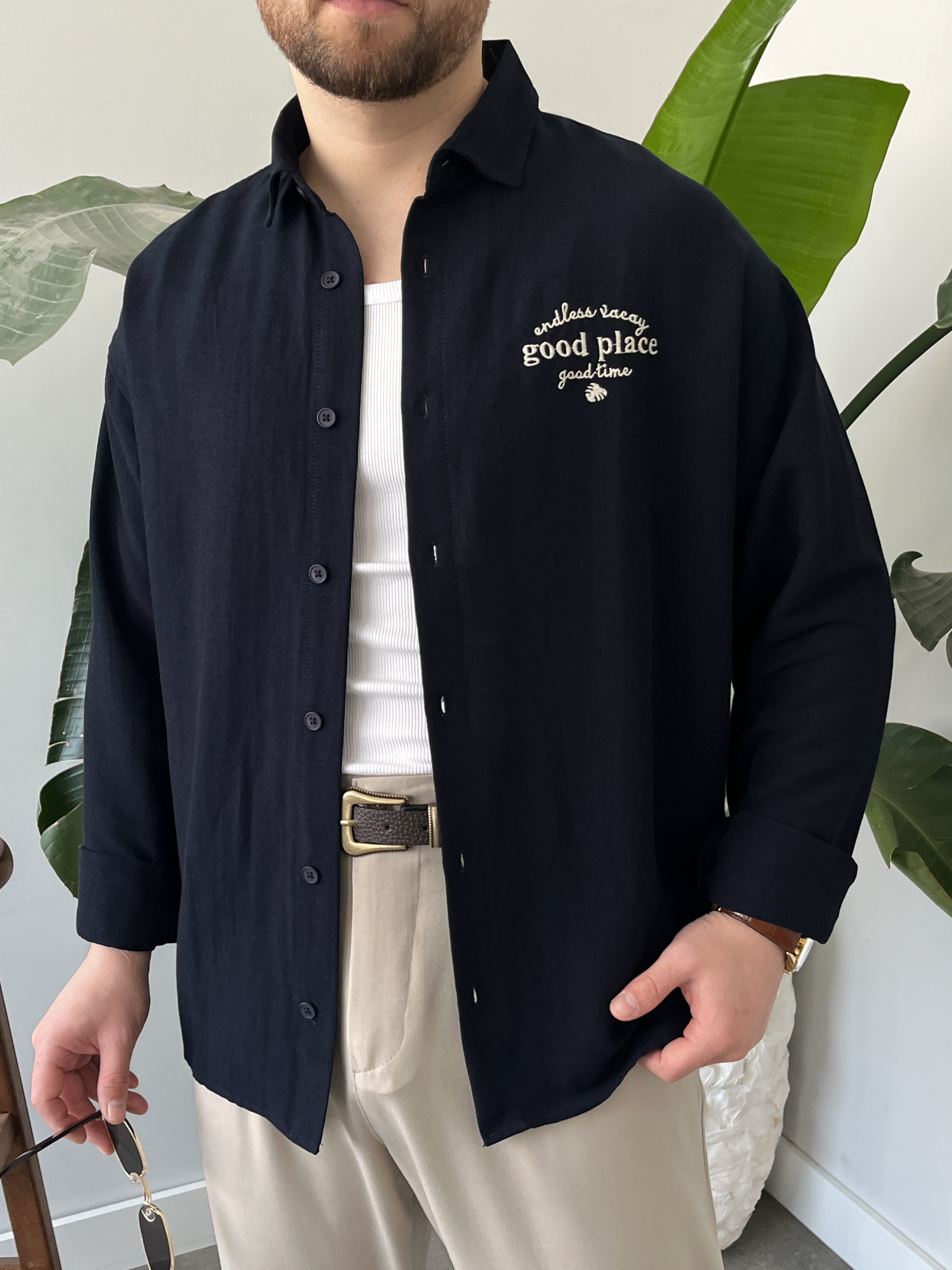 Good Place Nakışlı Lacivert Keten Oversize Gömlek