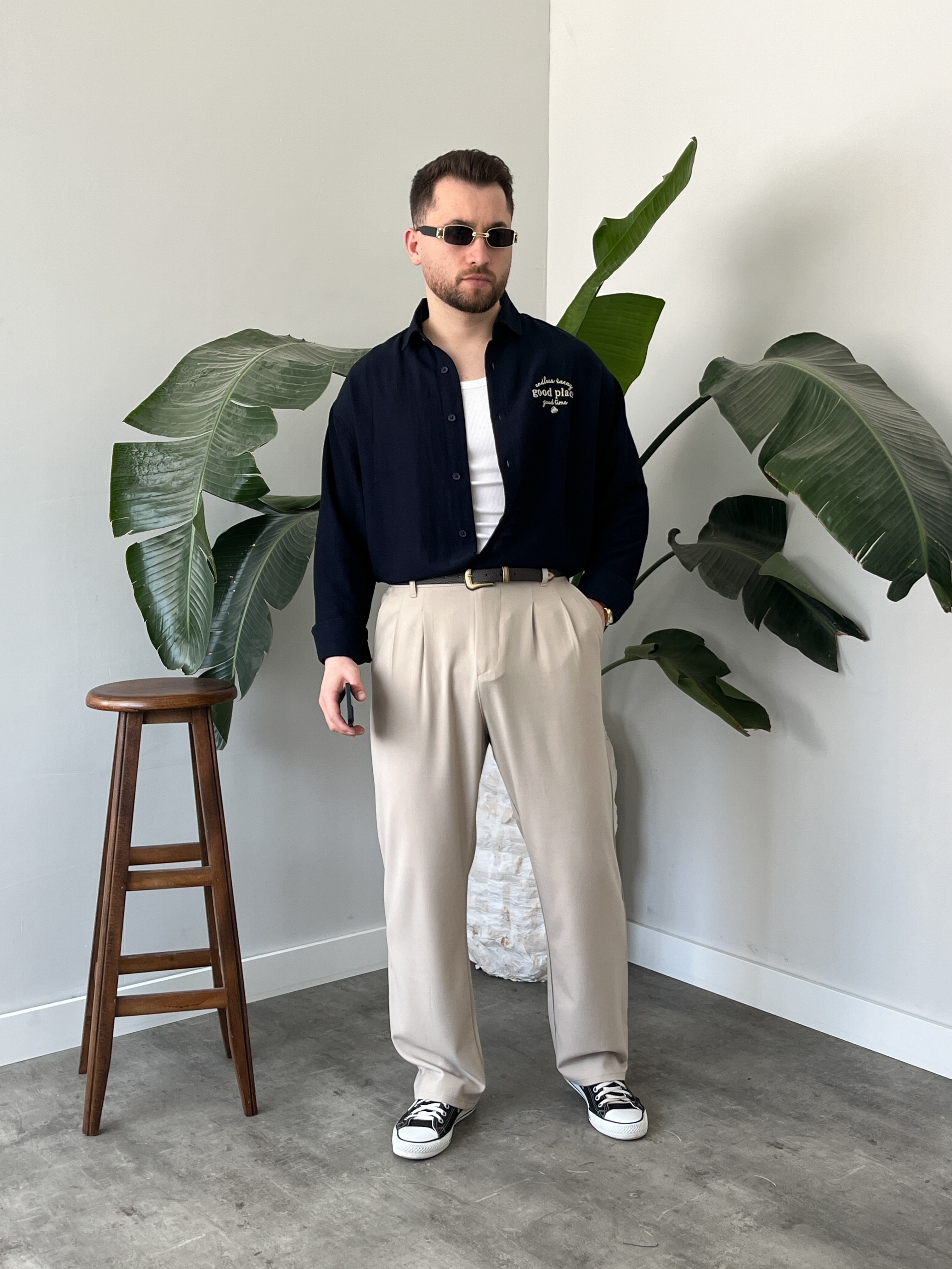 Good Place Nakışlı Lacivert Keten Oversize Gömlek
