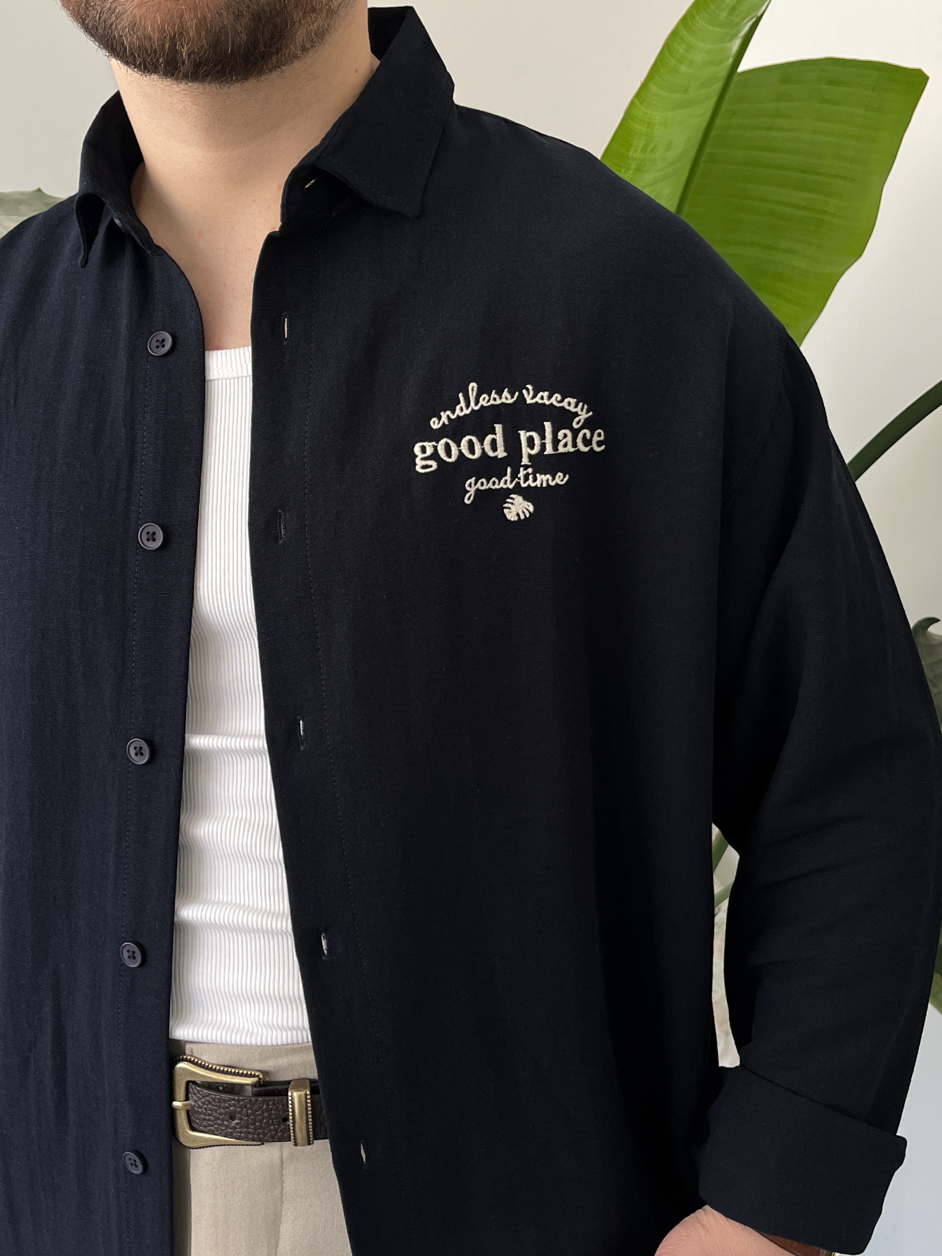 Good Place Nakışlı Lacivert Keten Oversize Gömlek
