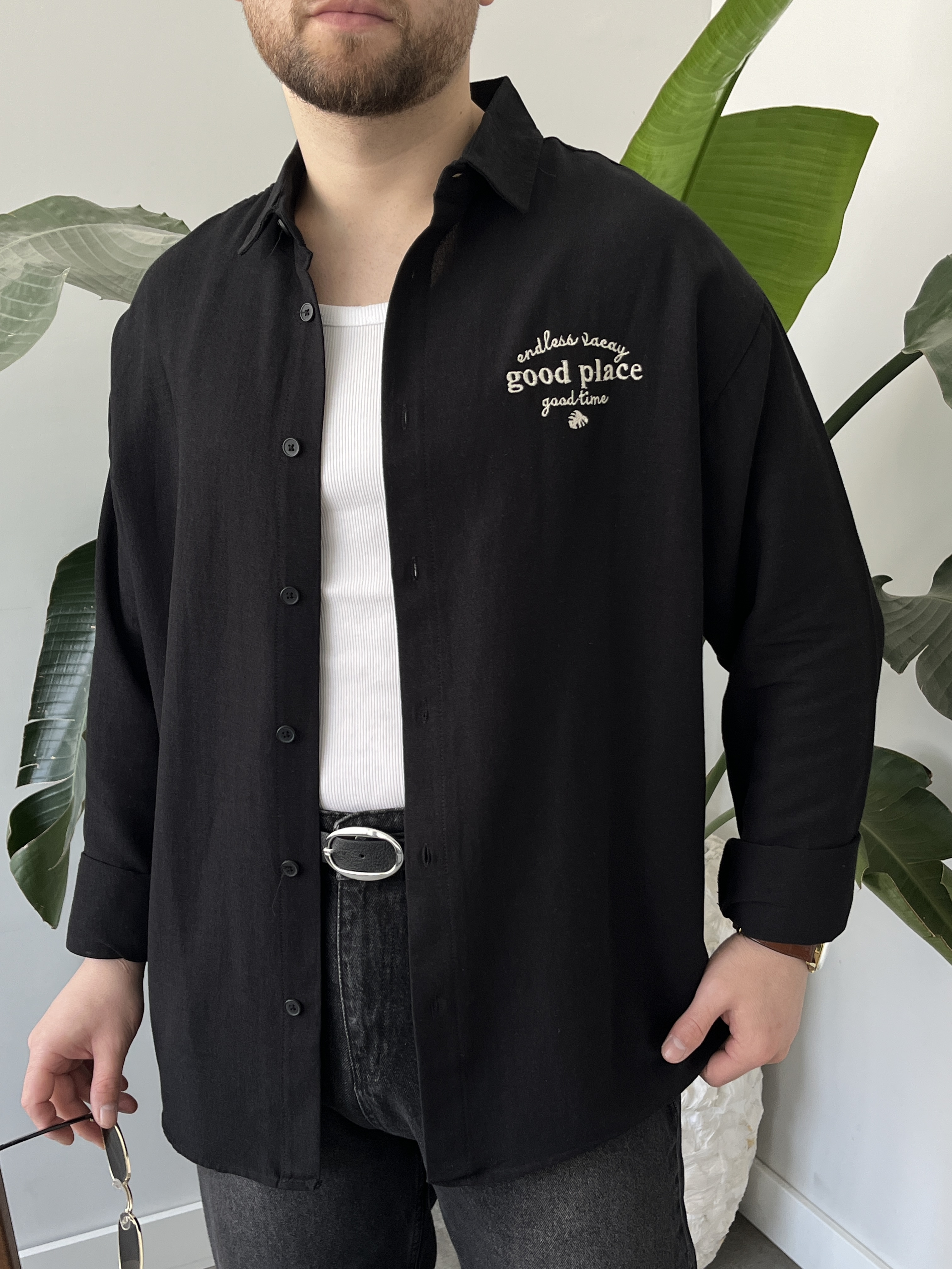 Good Place Nakışlı Siyah Keten Oversize Gömlek