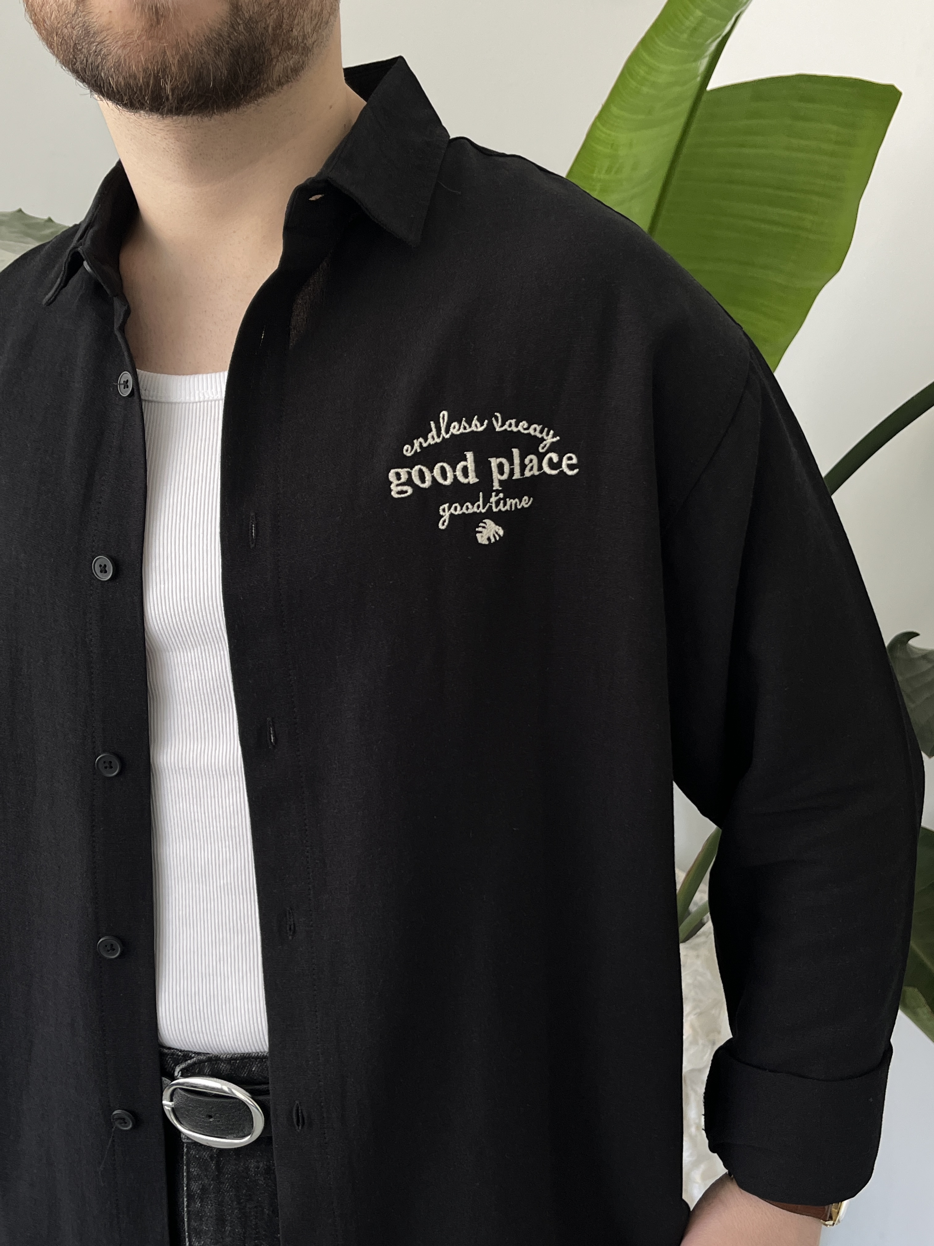 Good Place Nakışlı Siyah Keten Oversize Gömlek