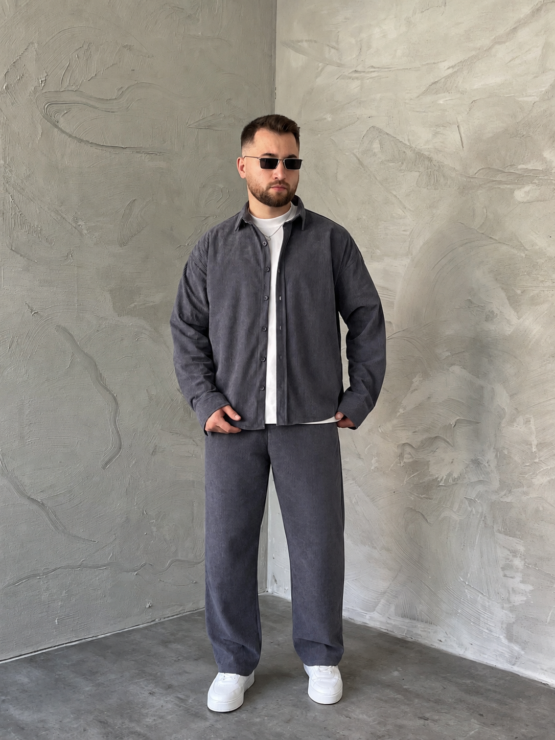 Gri Boxy Fit Fitilli Kadife Takım