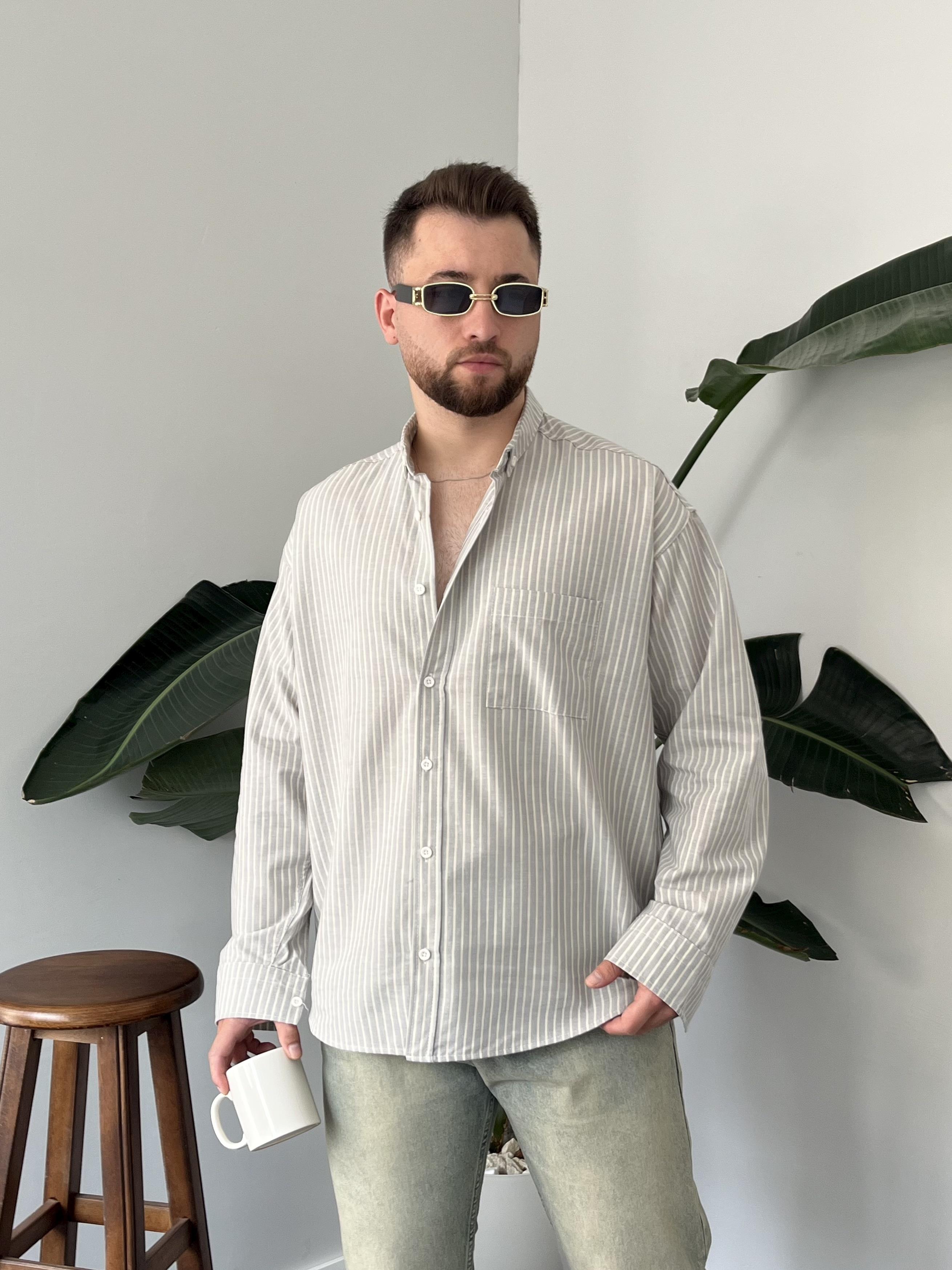Gri Casual Çizgili Oversize Gömlek
