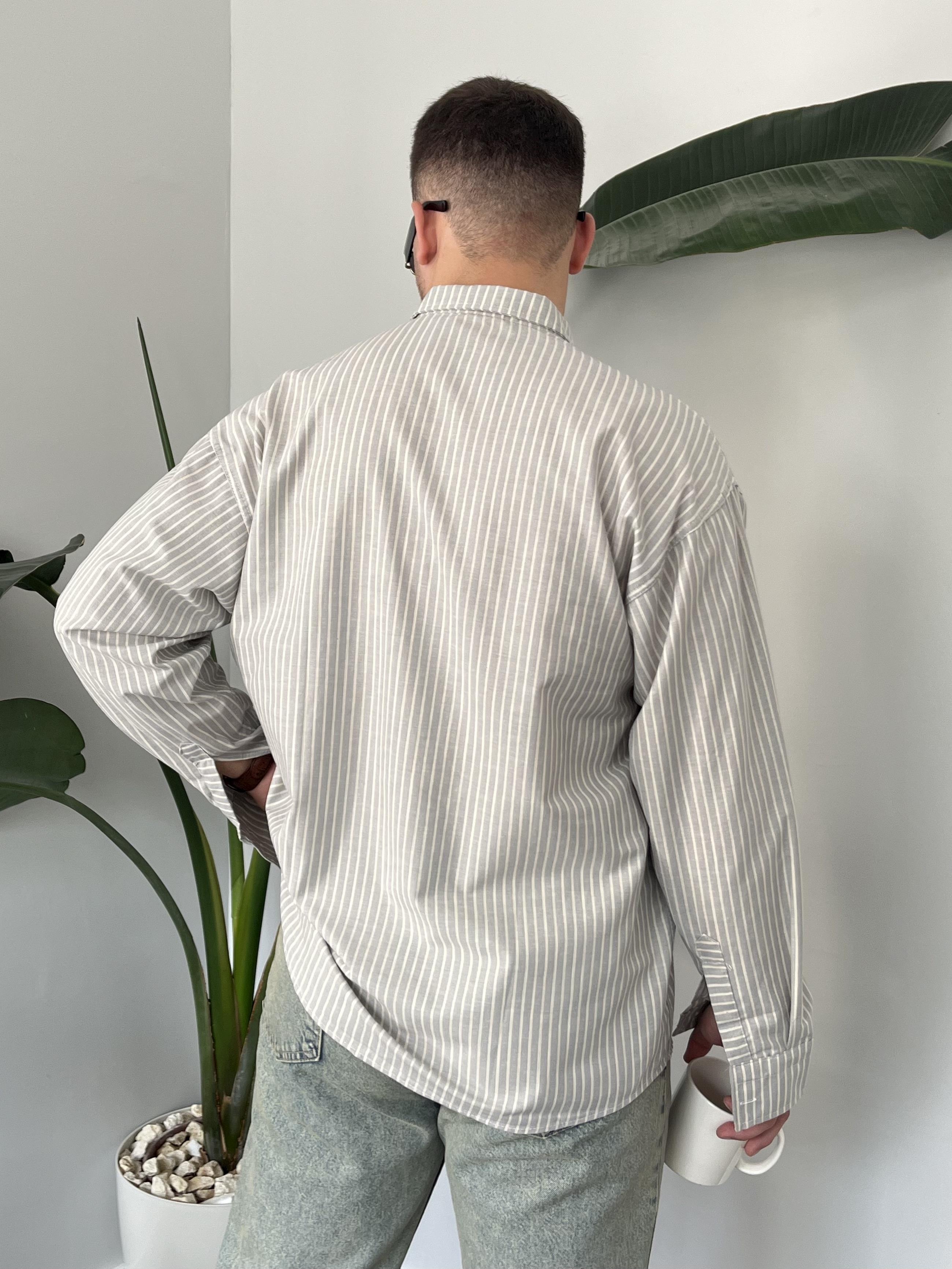 Gri Casual Çizgili Oversize Gömlek