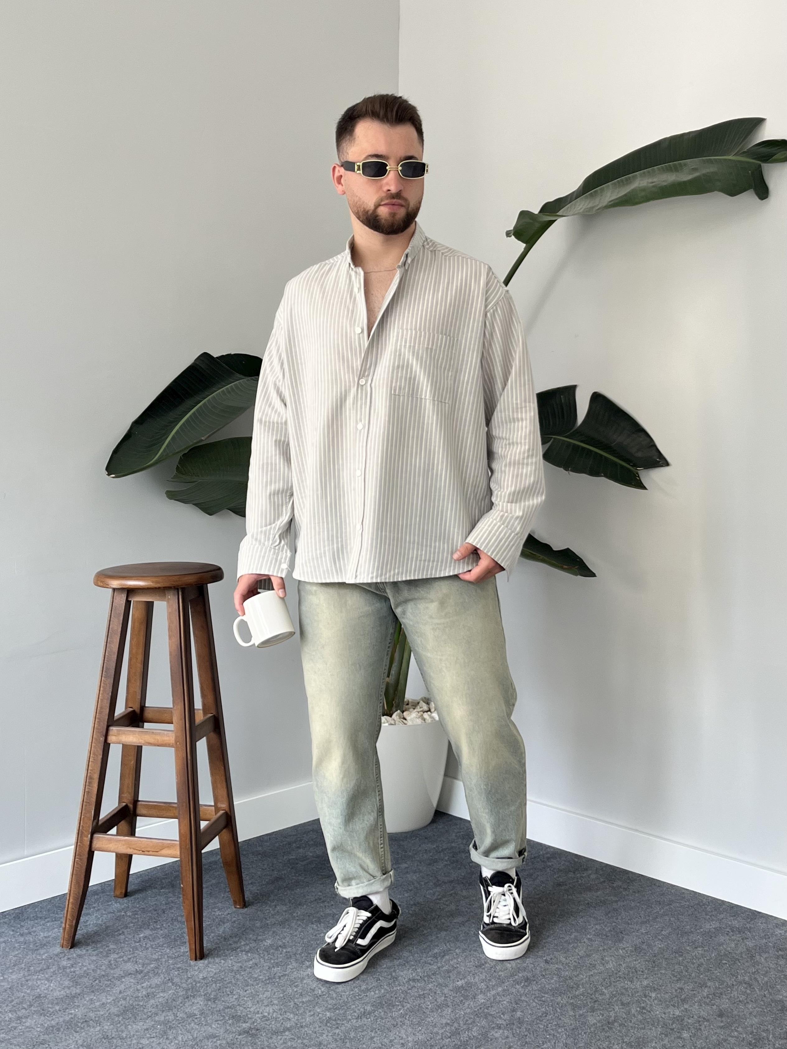 Gri Casual Çizgili Oversize Gömlek