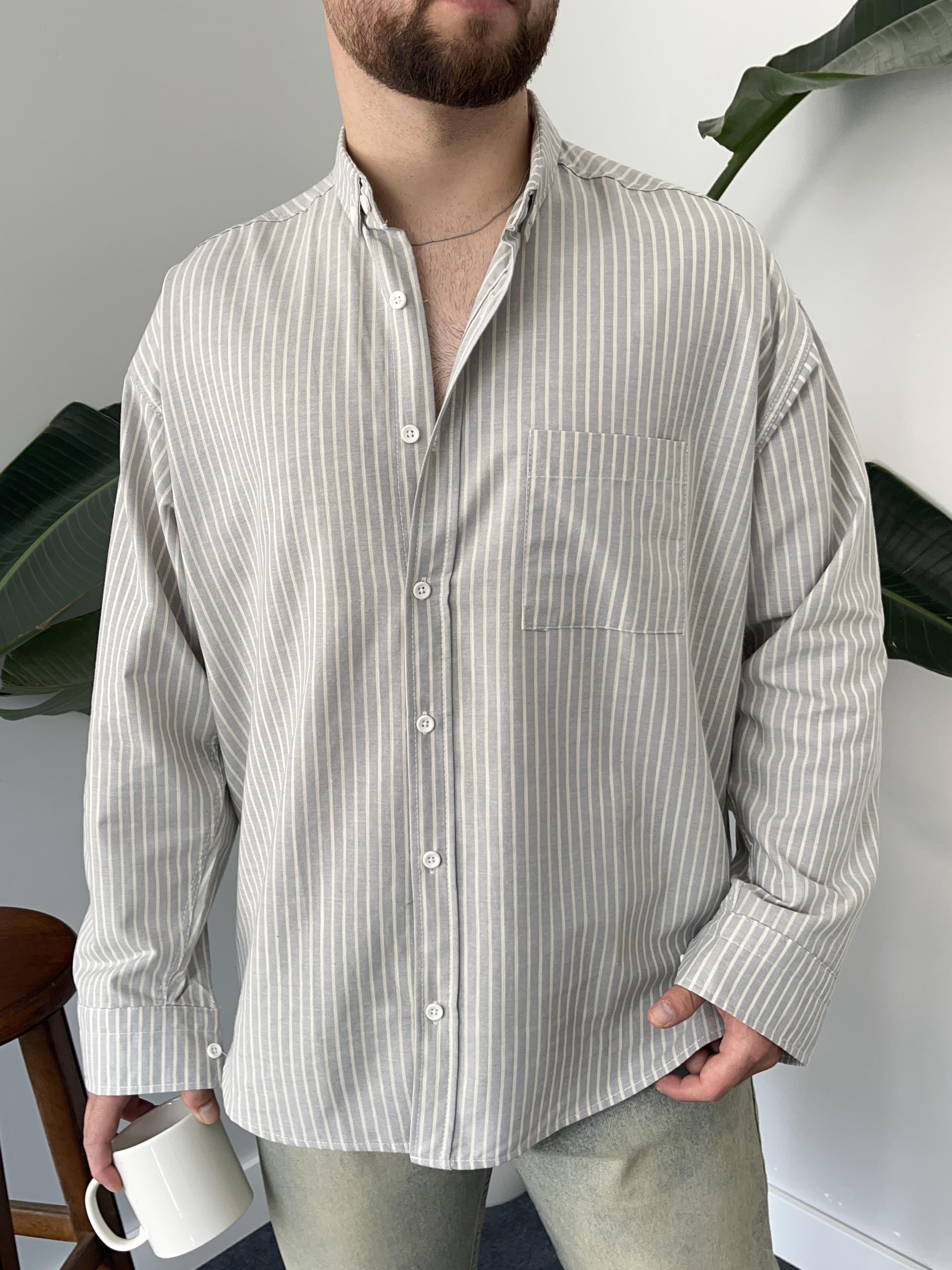 Gri Casual Çizgili Oversize Gömlek