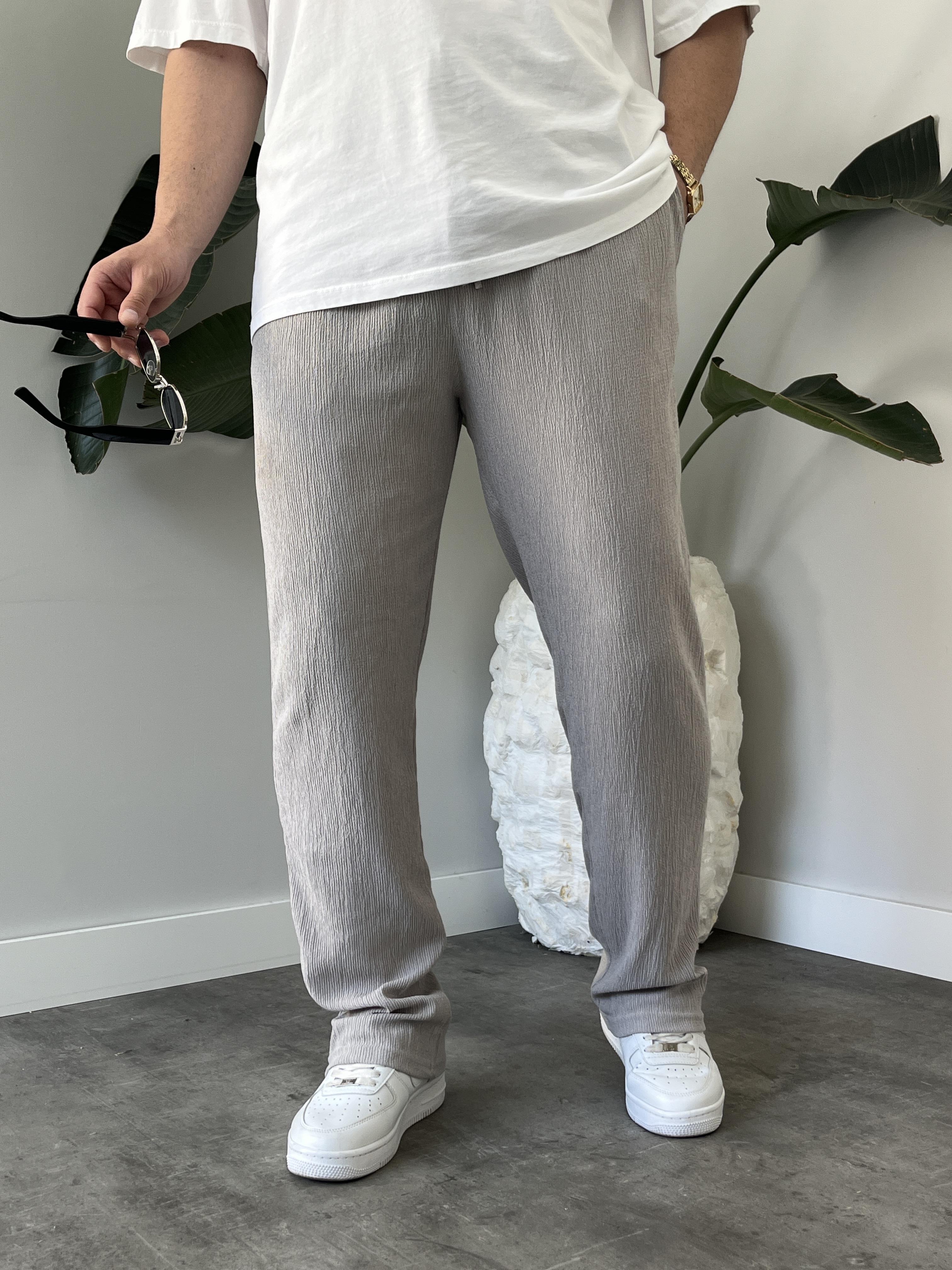 Gri Krinkıl Kumaş Relax Fit Pantolon