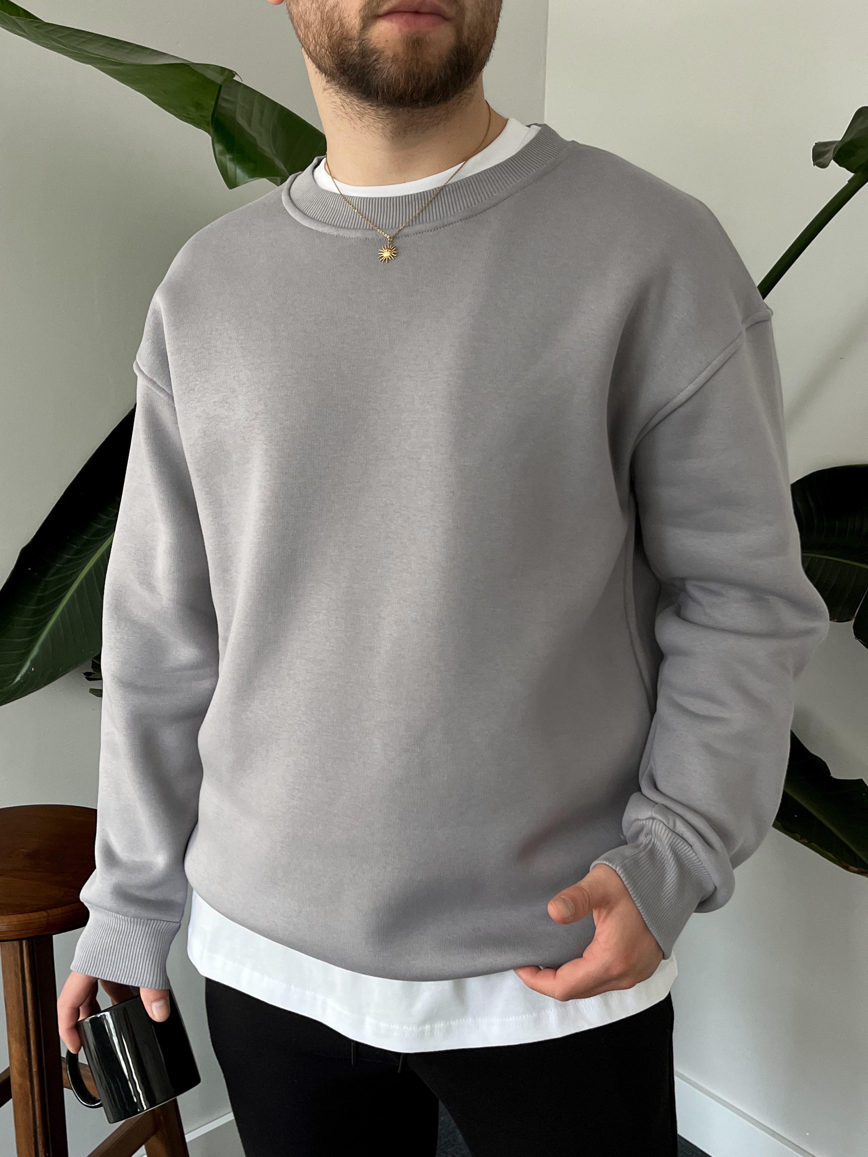 Gri Üç İplik Şardonlu Basic Sweatshirt