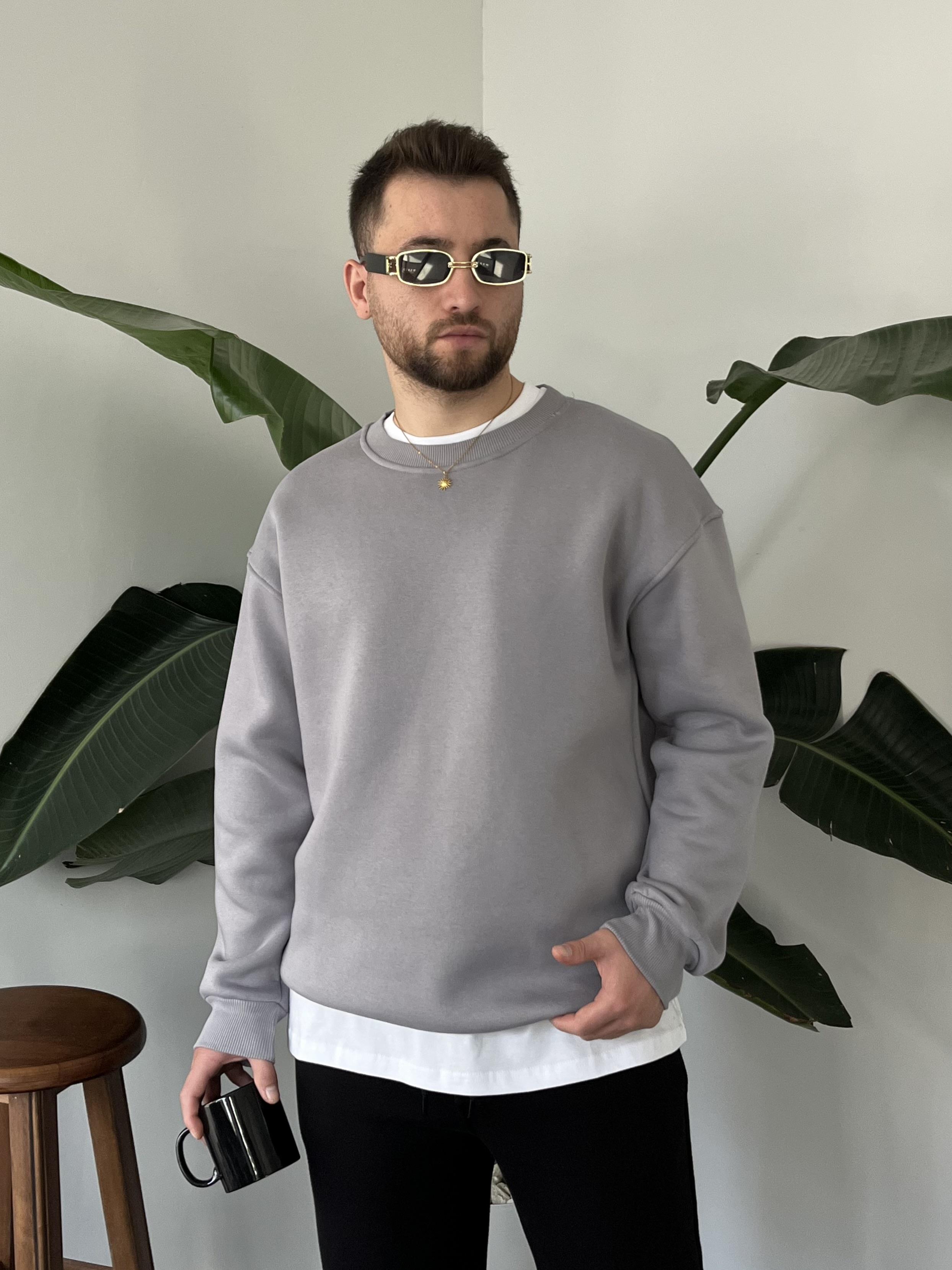 Gri Üç İplik Şardonlu Basic Sweatshirt