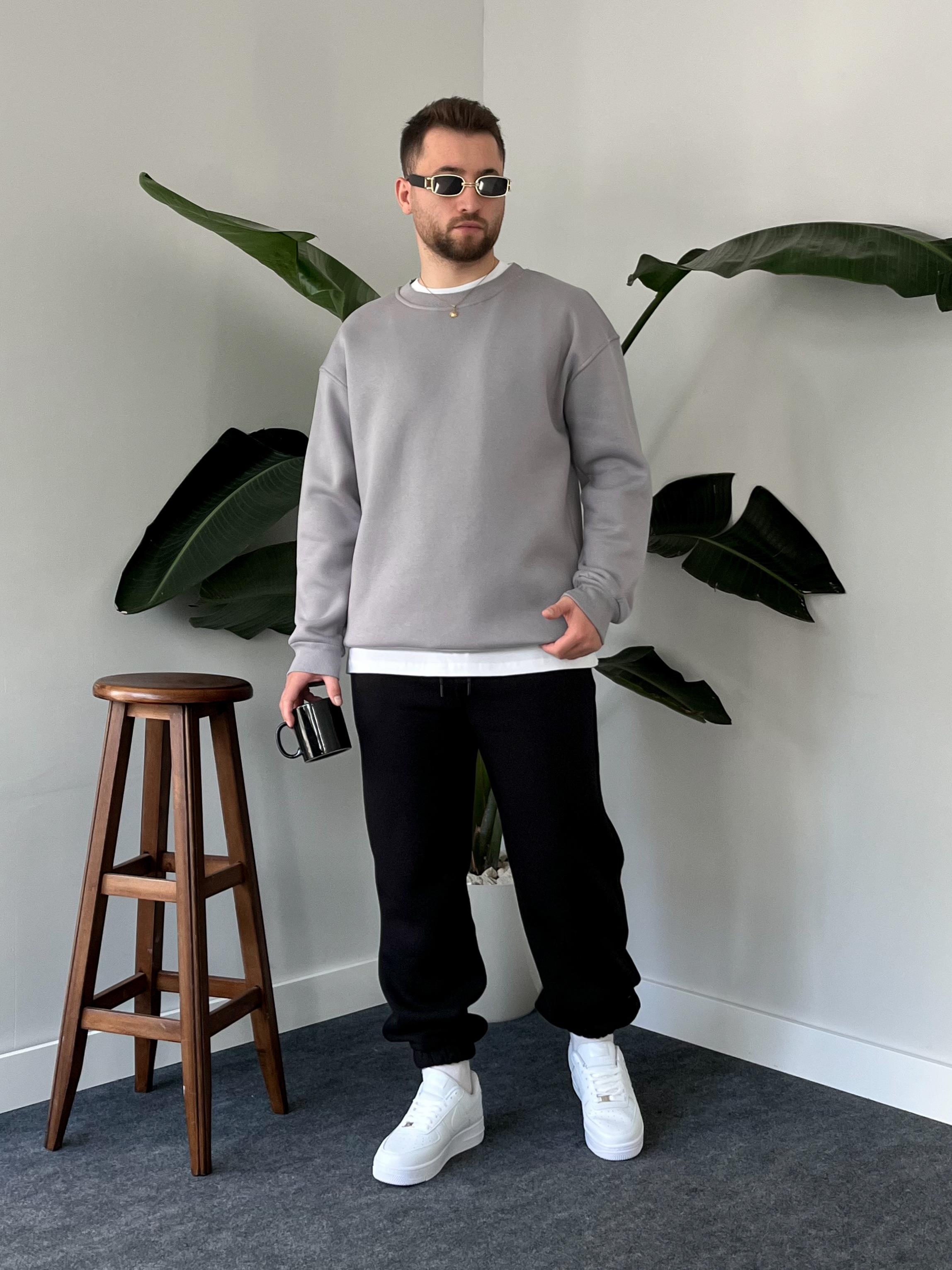 Gri Üç İplik Şardonlu Basic Sweatshirt