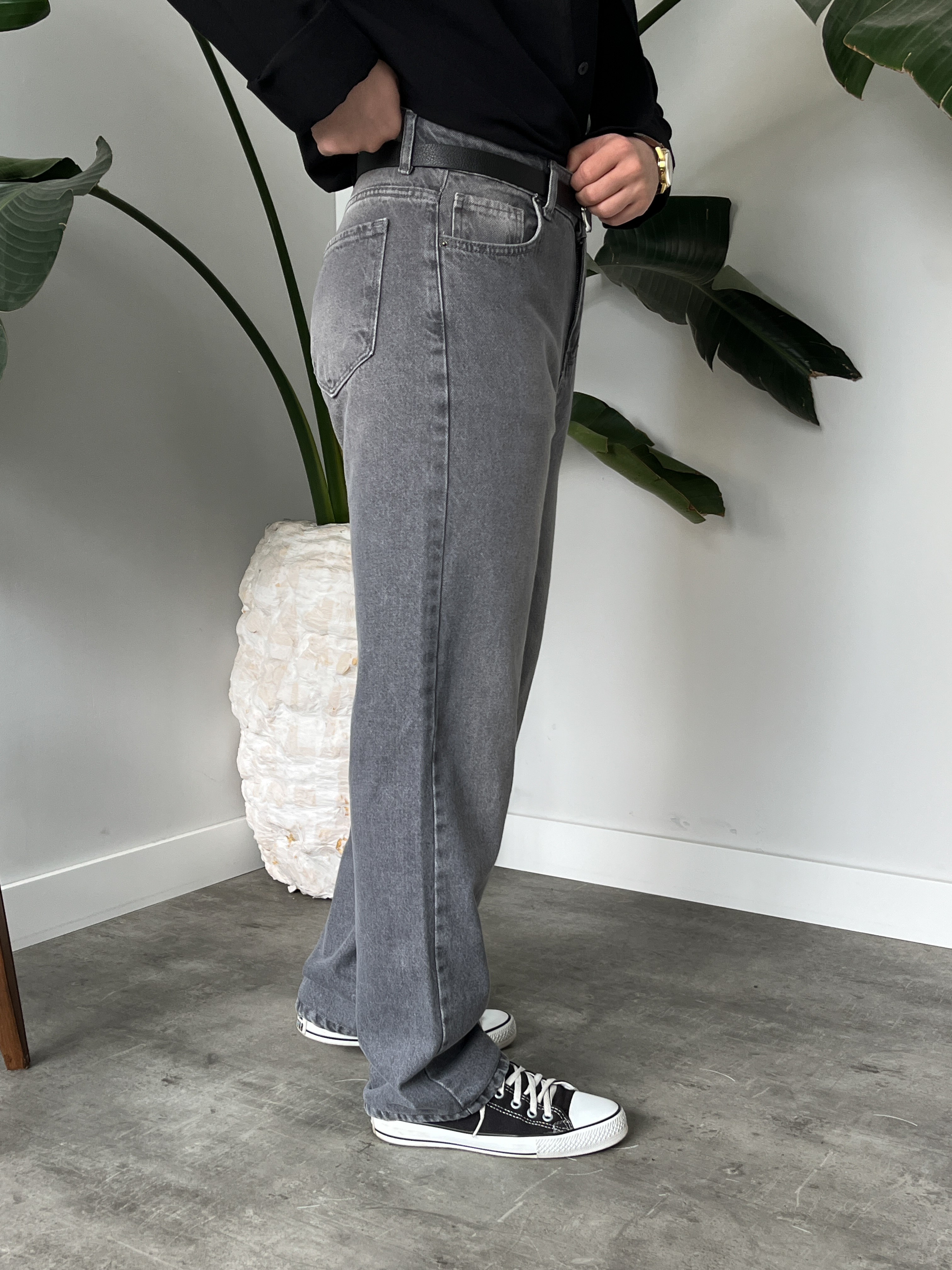 Gri Yıkamalı Baggy Jean