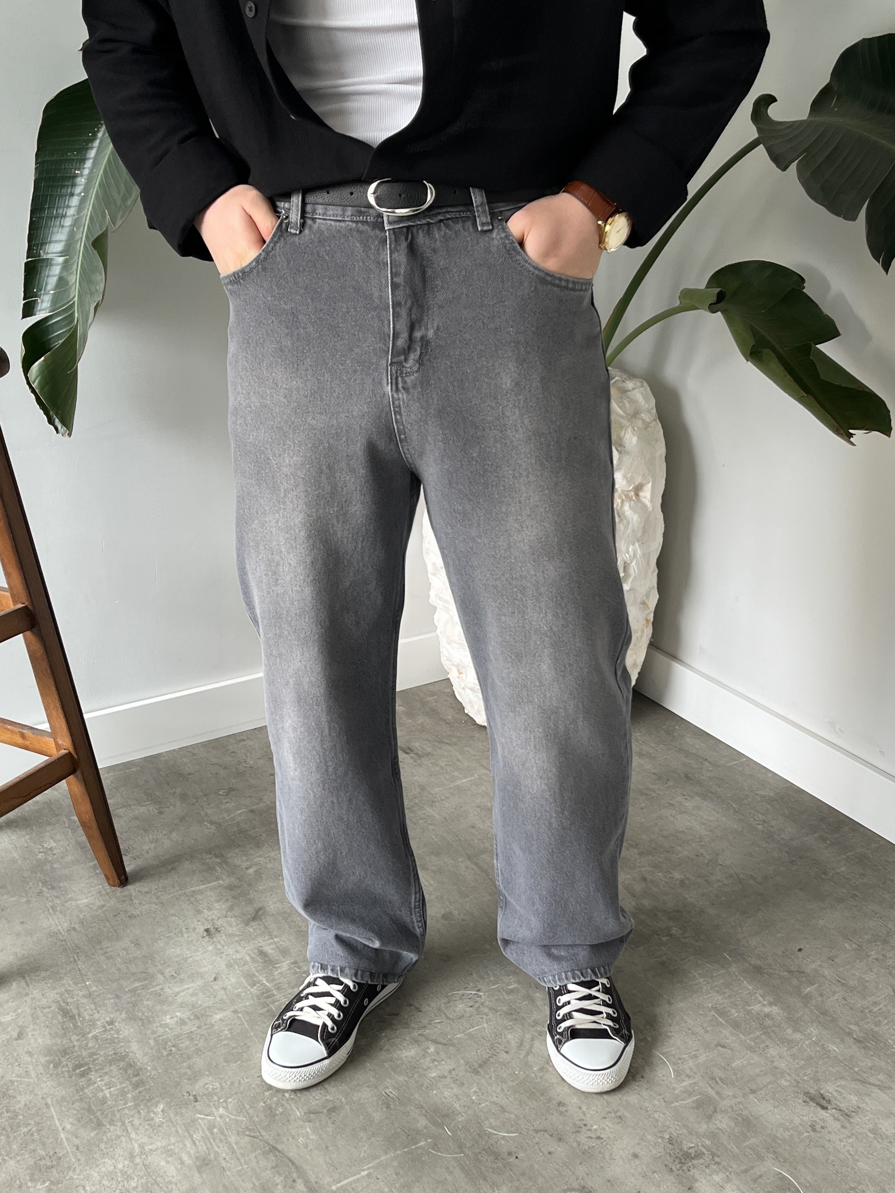 Gri Yıkamalı Baggy Jean