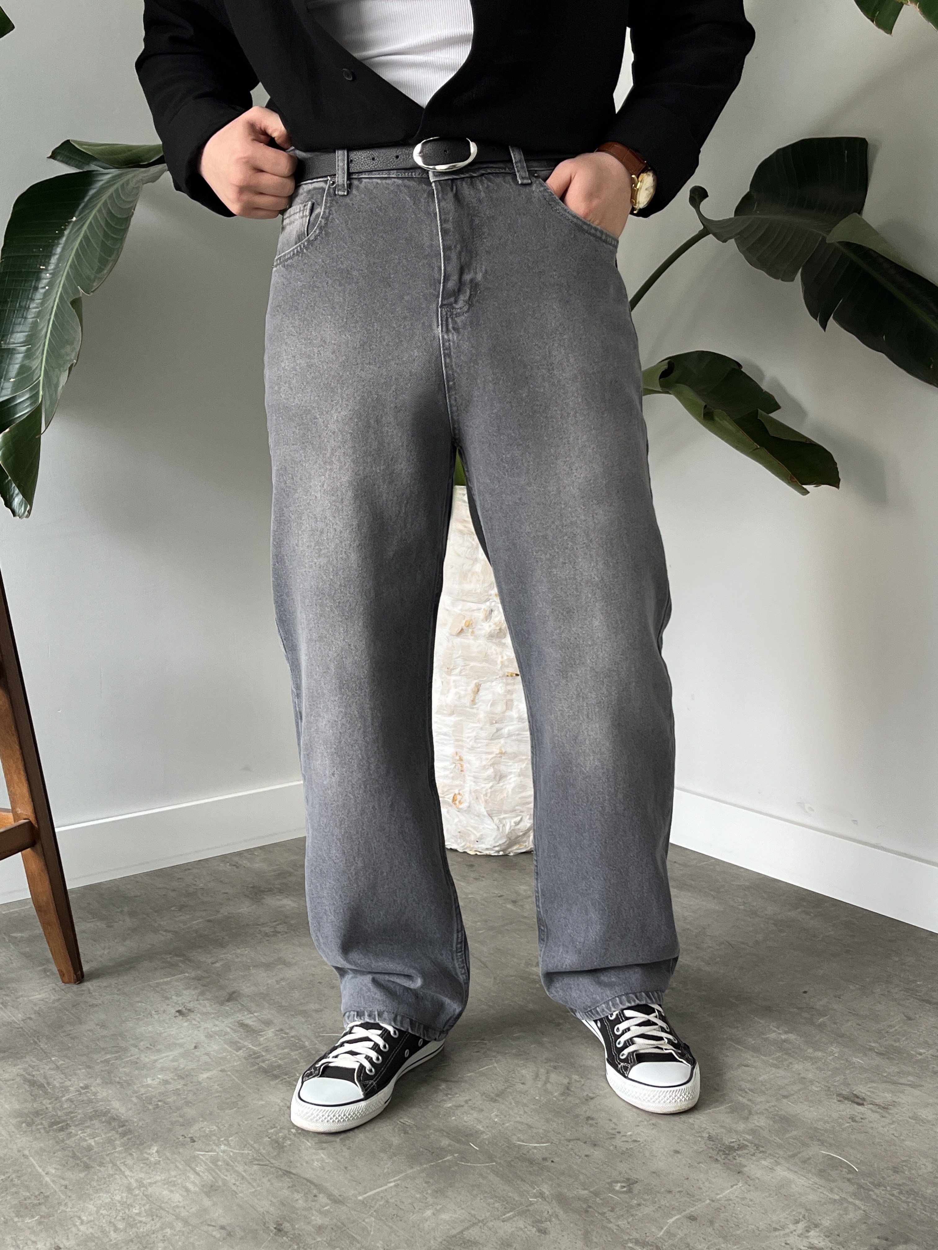 Gri Yıkamalı Baggy Jean