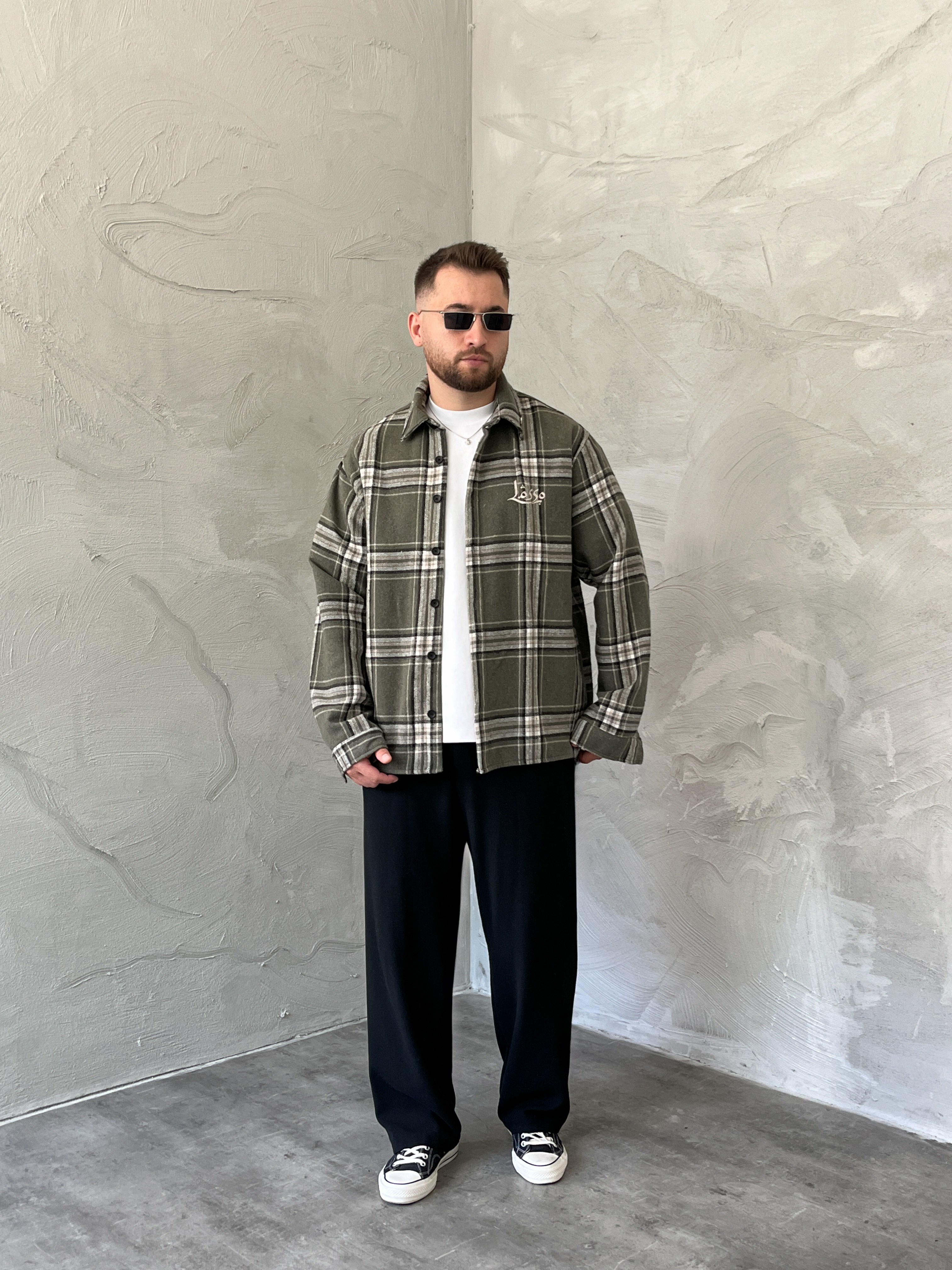 Haki Baskılı Oversize Ekose Gömlek