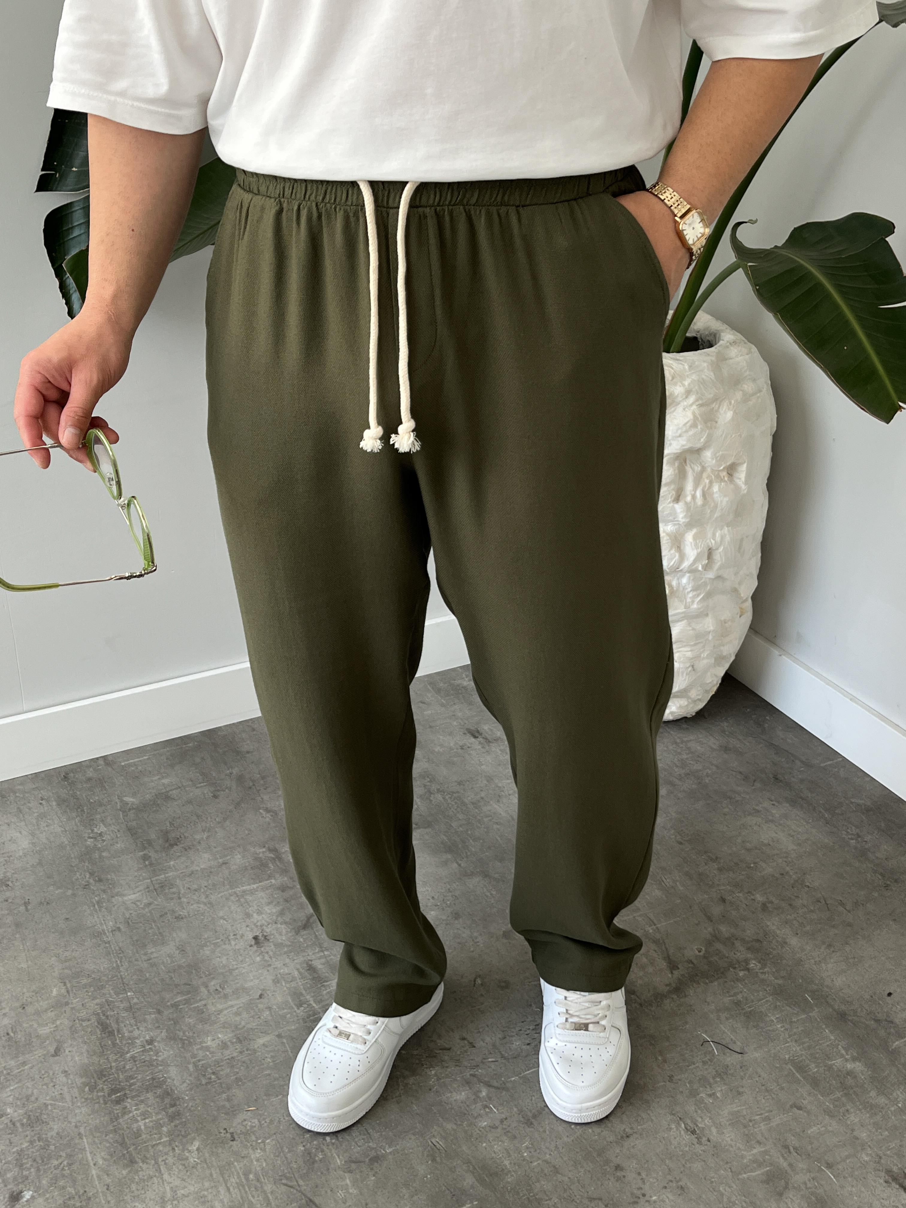 Haki Burgu Bağcık Detaylı Pamuk Keten Relax Fit Pantolon