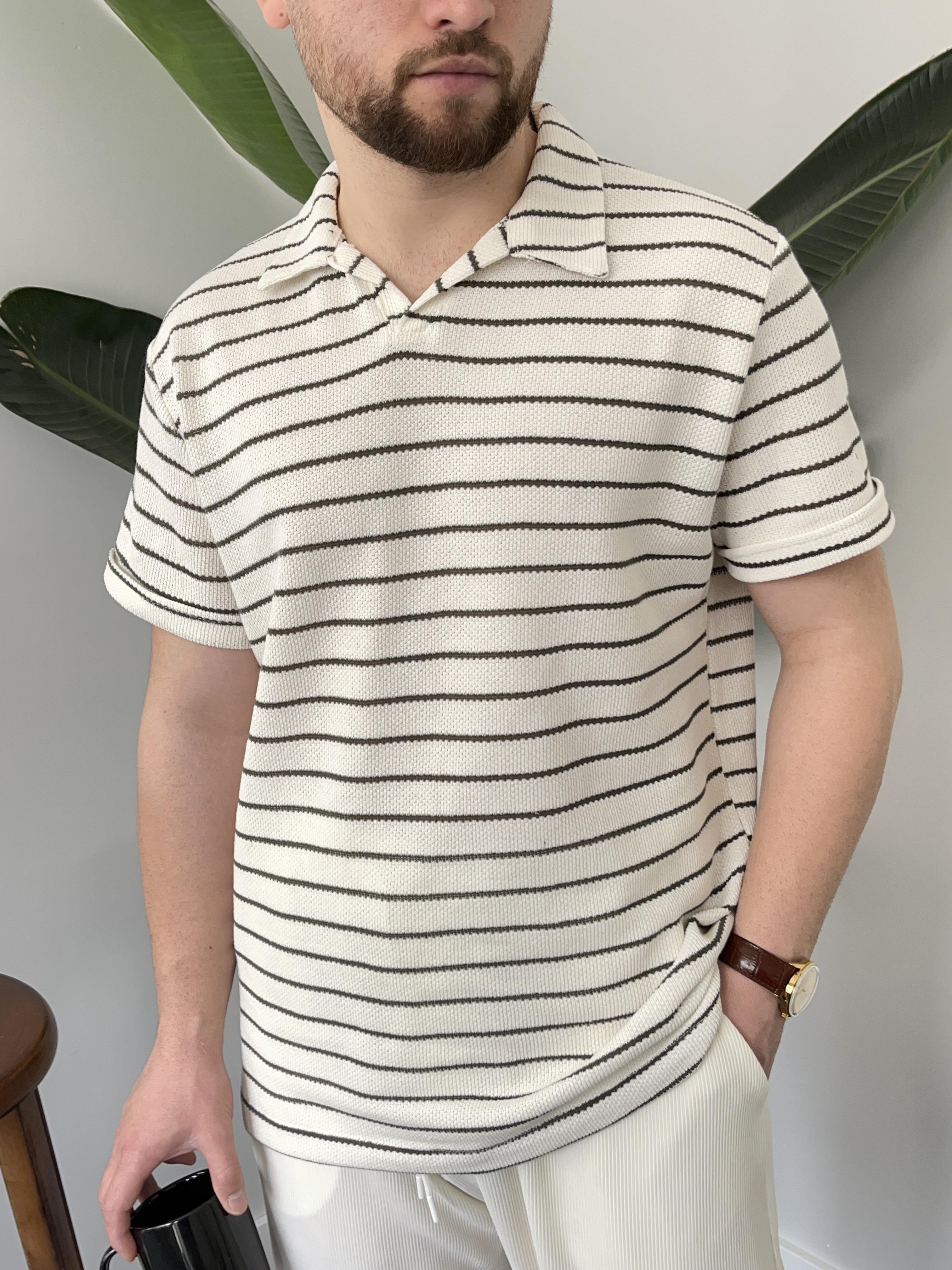 Haki Çizgili Örgü T-shirt