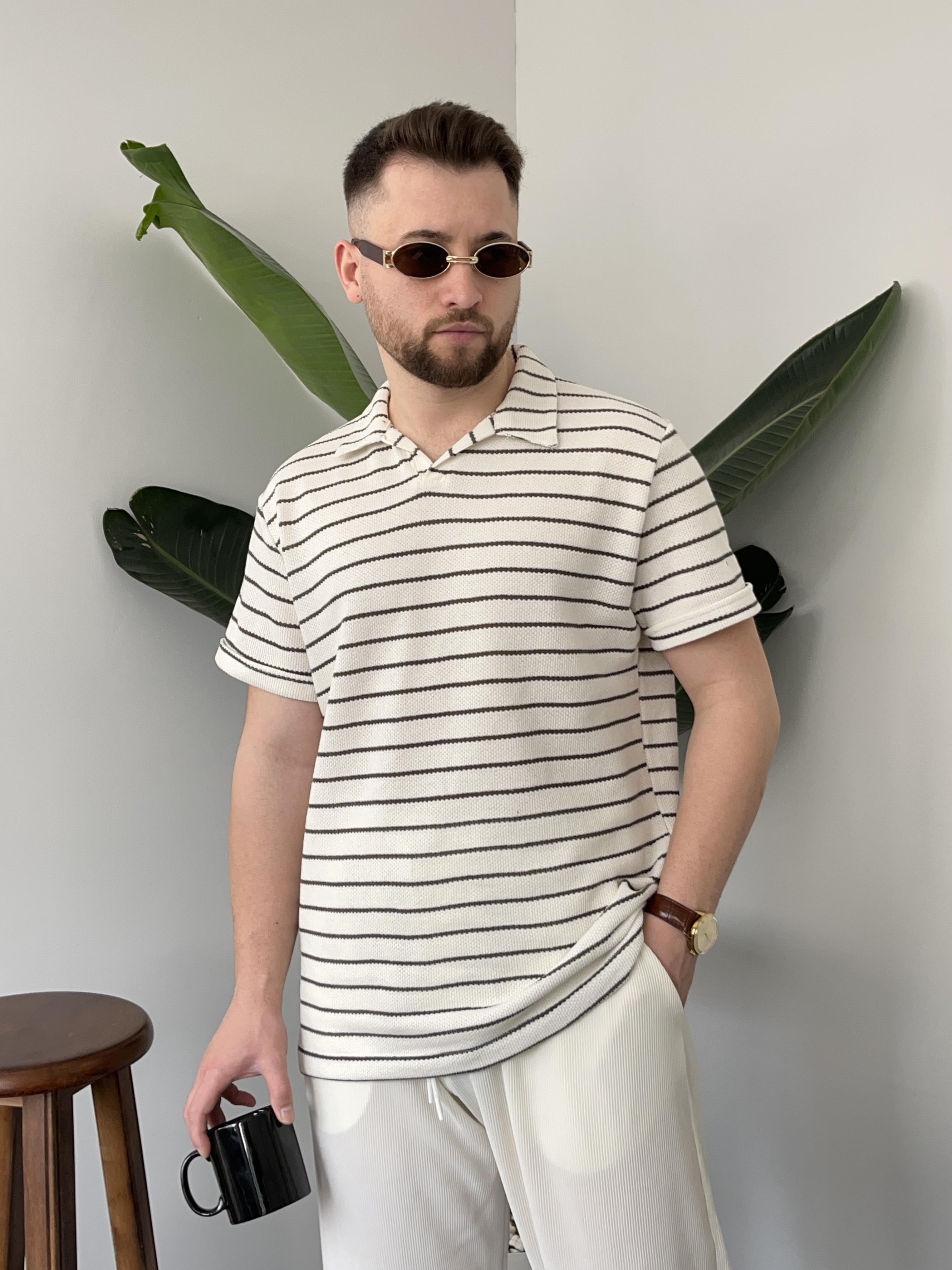 Haki Çizgili Örgü T-shirt