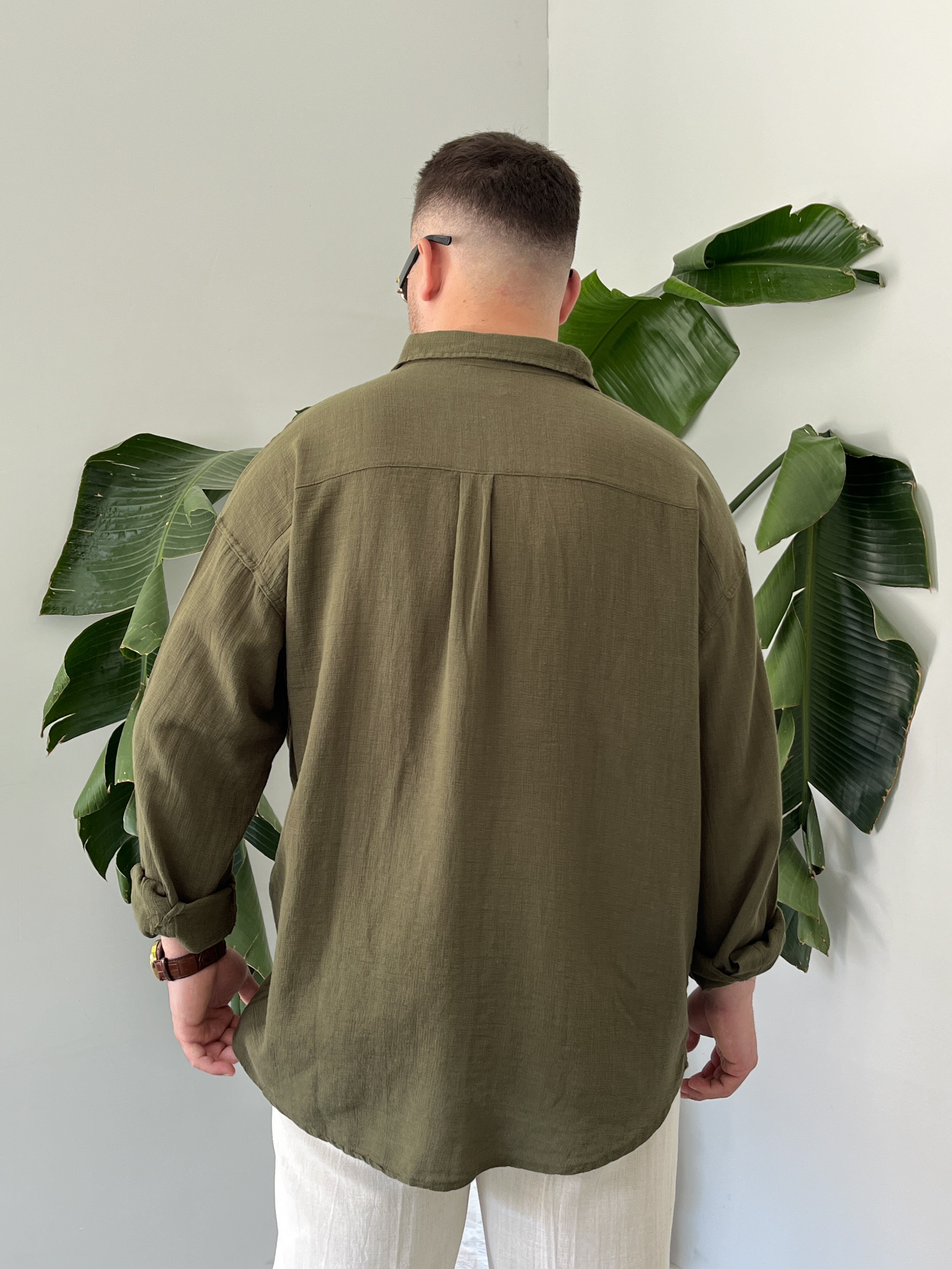 Haki Etamin Keten Oversize Gömlek