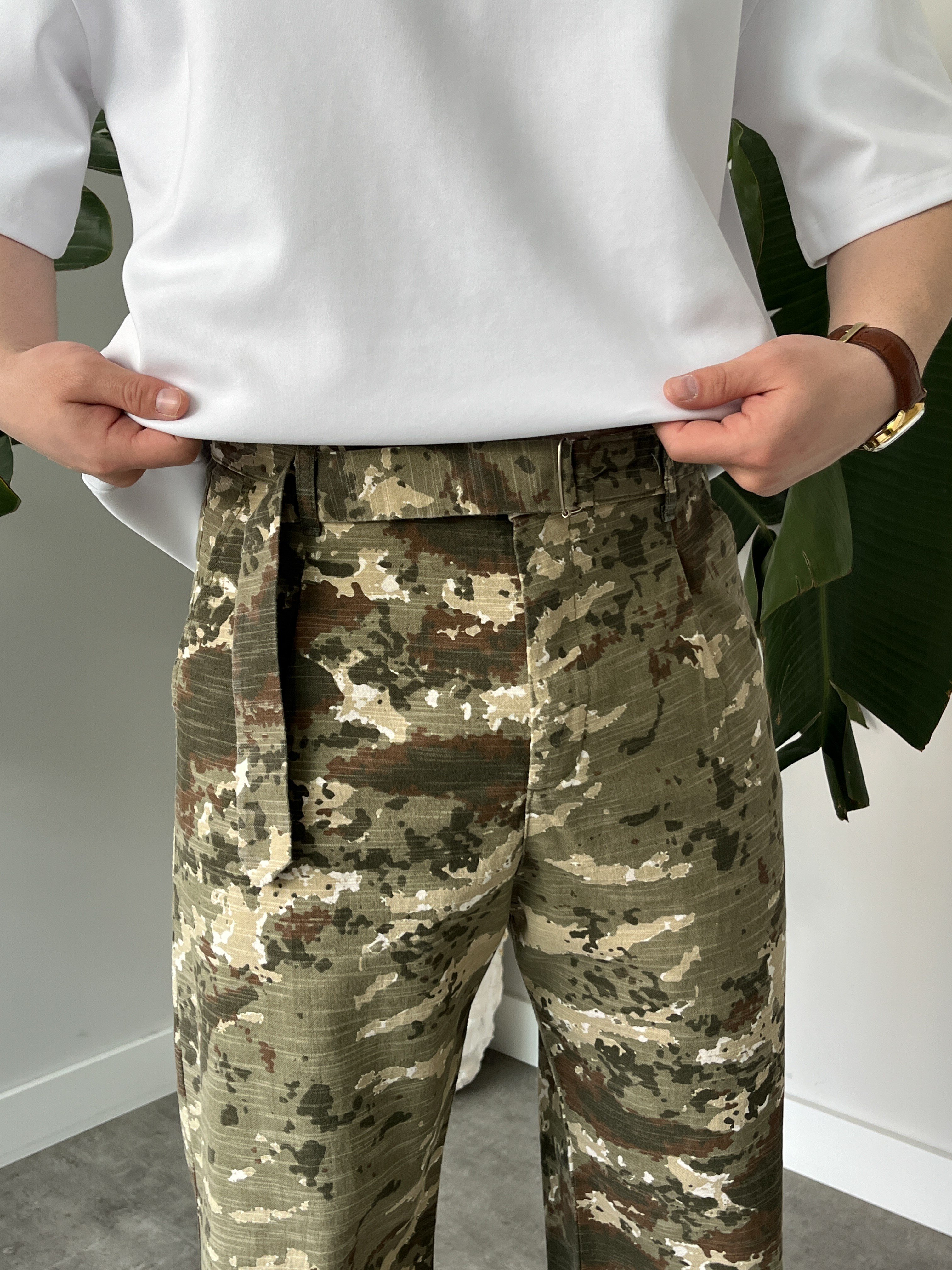 Haki Kemer Detay Kamuflaj Desen Keten Baggy Pantolon
