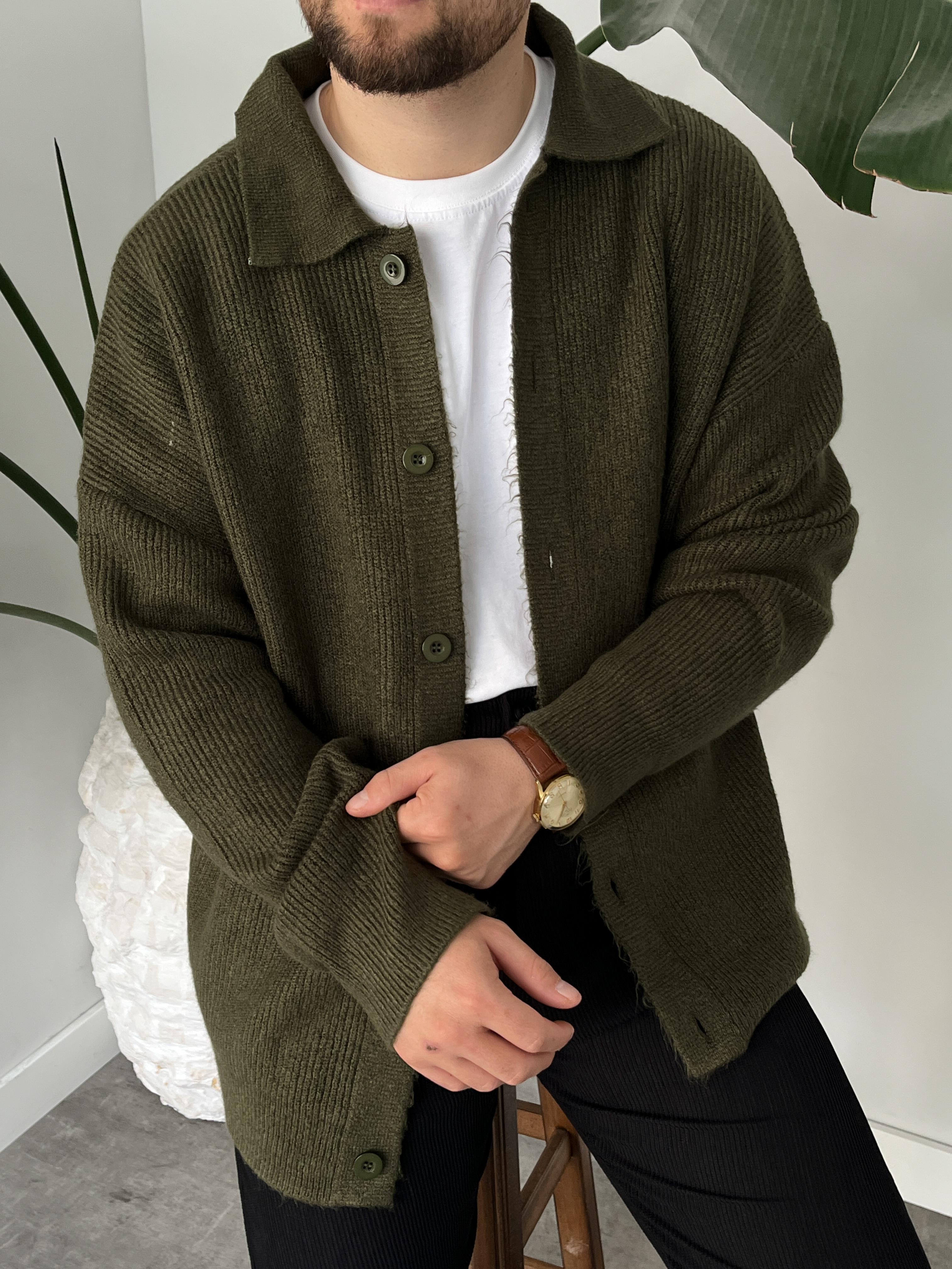 Haki Örme Düğmeli Polo Yaka Oversize Hırka