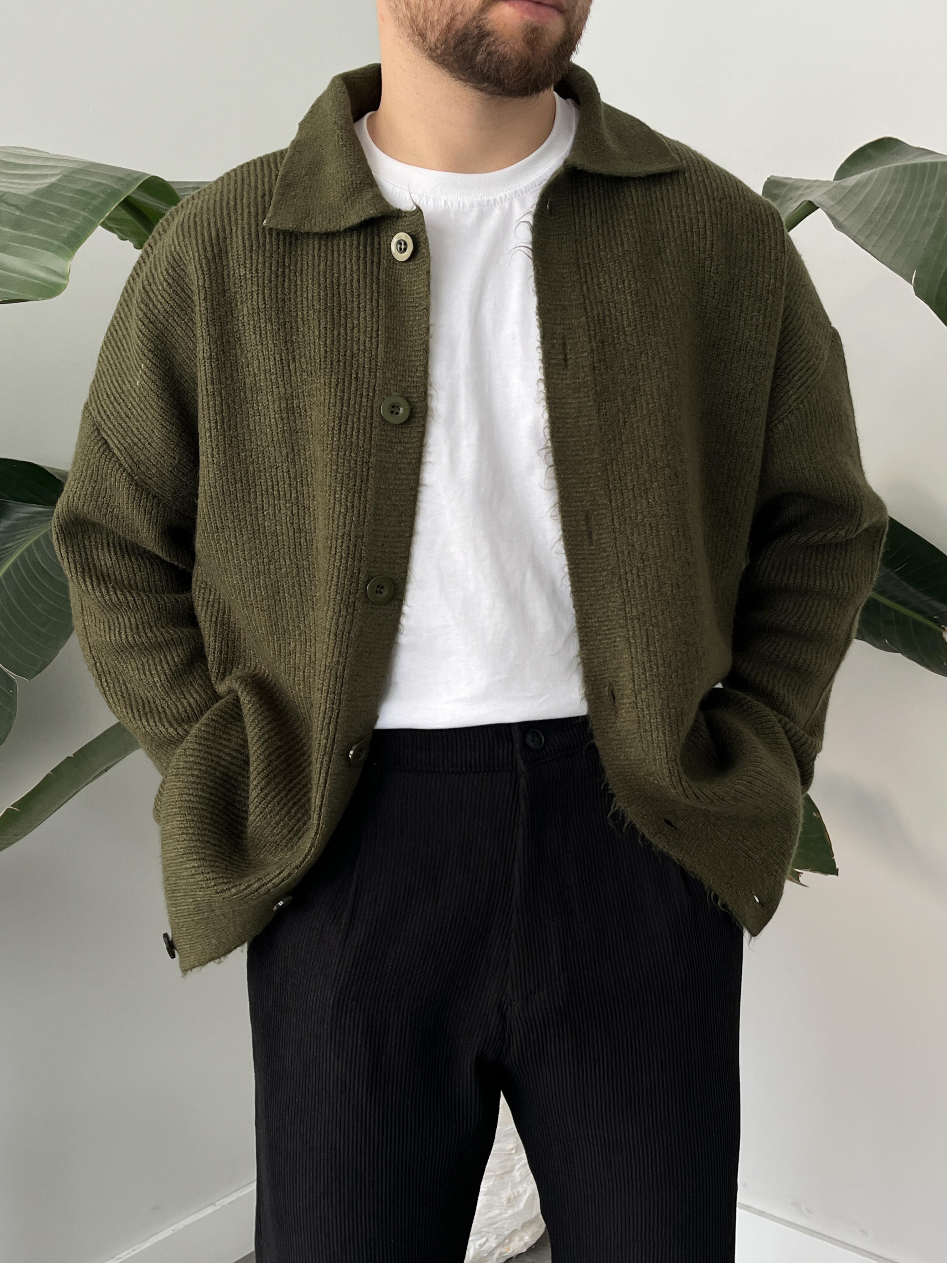 Haki Örme Düğmeli Polo Yaka Oversize Hırka