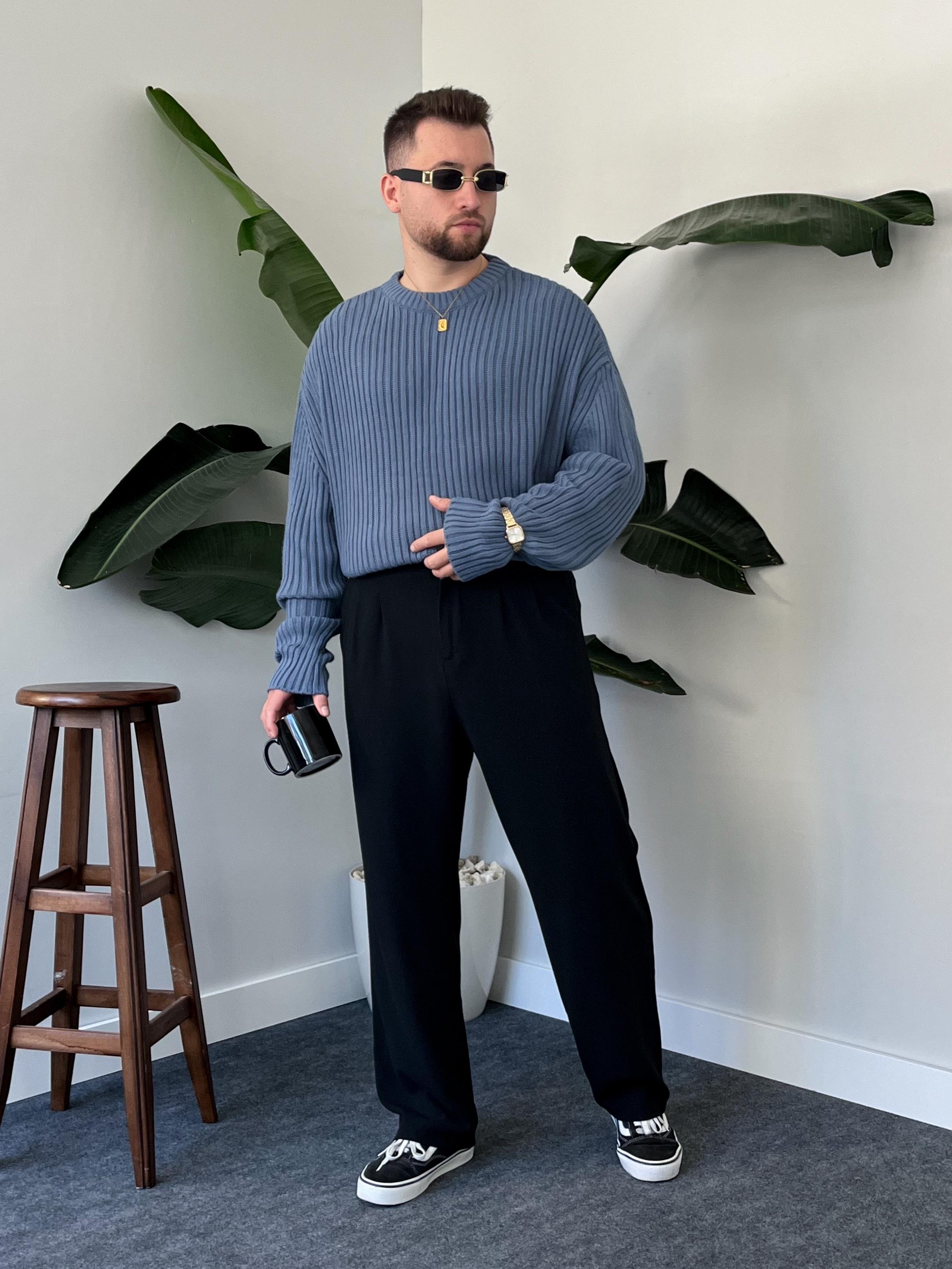 İndigo Extra Dolgulu Oversize Örgü Kazak